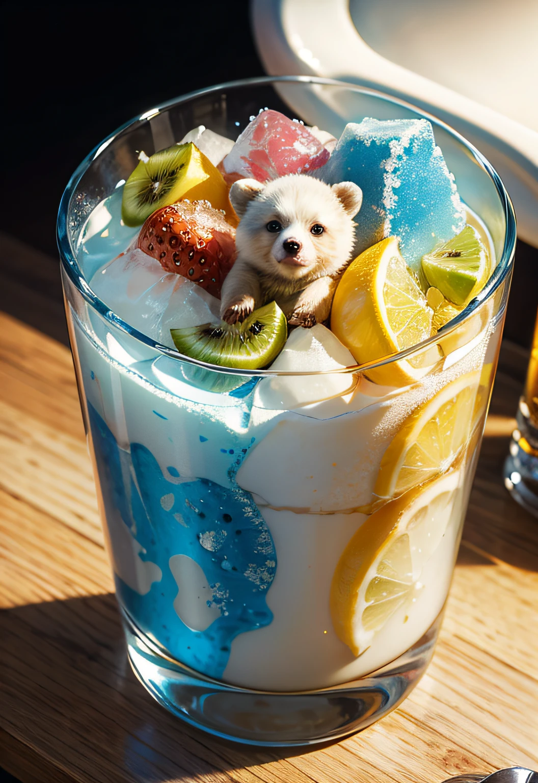 masterpiece、top-quality、top-quality、Colorful cute white bear design with illustration、Eat shaved ice、ighly detailed、colourfull、highestdetailed、Wide range of shots、gorgeous colors、grains of sugar、water dripping、kirakira、Colorful colors of bright ice、Image-like backgrounds、Fun bright atmosphere、Colorful fruits flying around shaved ice