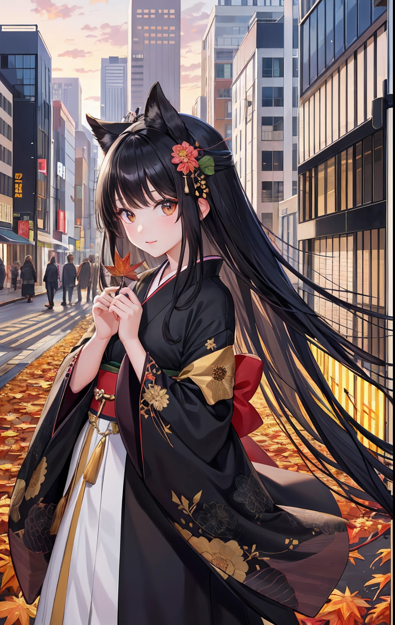 top-quality、intricate detailes、1girl in、Long black hair、Kimono、(City girl,Petioles in autumn)Complex cities