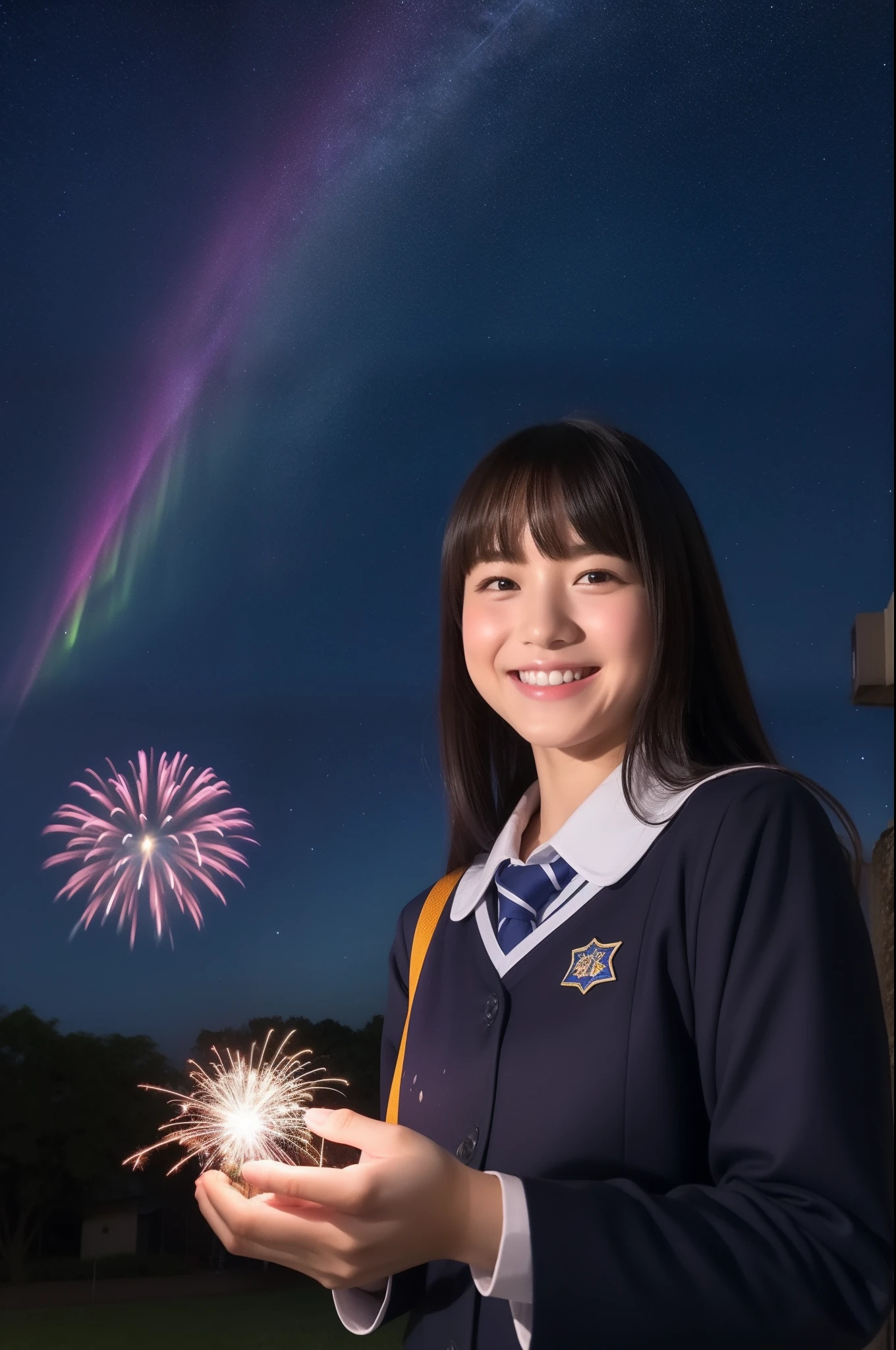 A smile、hi-school girl、校服、While doing fireworks、starrysky、Aurora