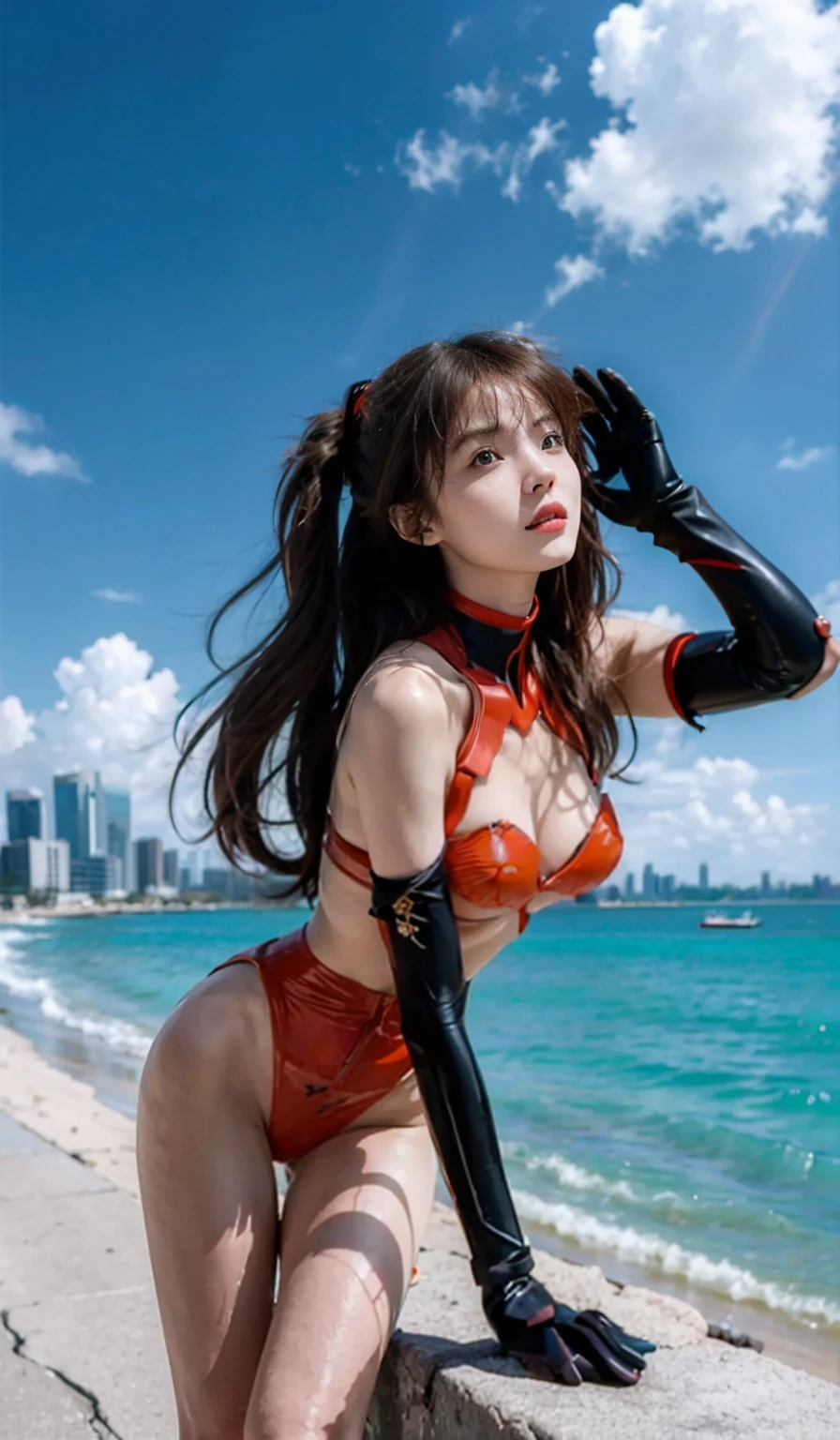 (1girll:1.3), 独奏,__Body parts__, offcial art, 统一 8k 壁纸, ultra - detailed, Beautiful and aesthetic, big breasts beautiful, tmasterpiece, Best quality at best, primitive,tmasterpiece,ultra fine photos,best qualtiy,超高分辨率,Photoreality,rays of sunshine,full-body portraits,stunningly beautiful,dynamicposes,(look from down),Blue beach background,detailed face with,opulent,tack sharp focus,digital SLR camera,high qulity,filmgrain,White skin of the,photo-realism,DL,Huge metropolis in a dystopia of the future ,asuka,EVA,Black color mecha,Burst armor,high-waist,Split legs,The breastplate was dismembered,Expose off your underwear,look up to,on back,Bare back,Raise both hands:1.3
