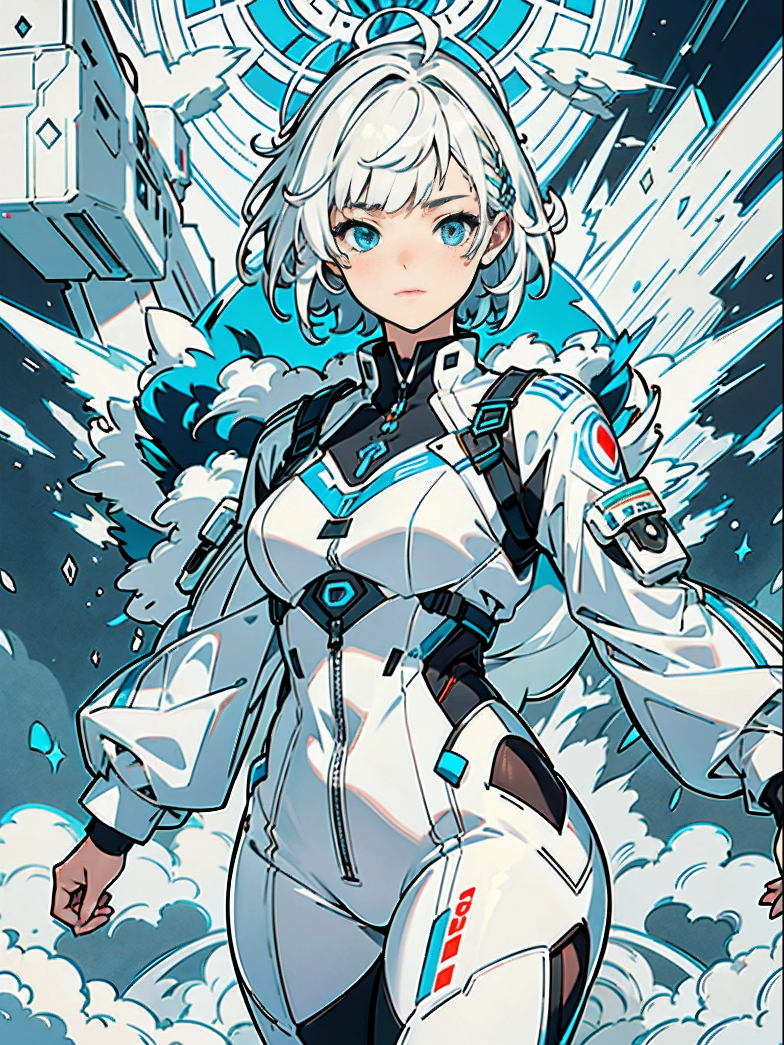 ((best qualtiy)), ((tmasterpiece)), ((Realistis)), (A detailed), (realisticlying:1.5), A futuristic girl, (Thick stature), (white straitjacket), In the picture, A short haircut,Beautiful girl with white and messy hair appears,s delicate face,Wear steam ...