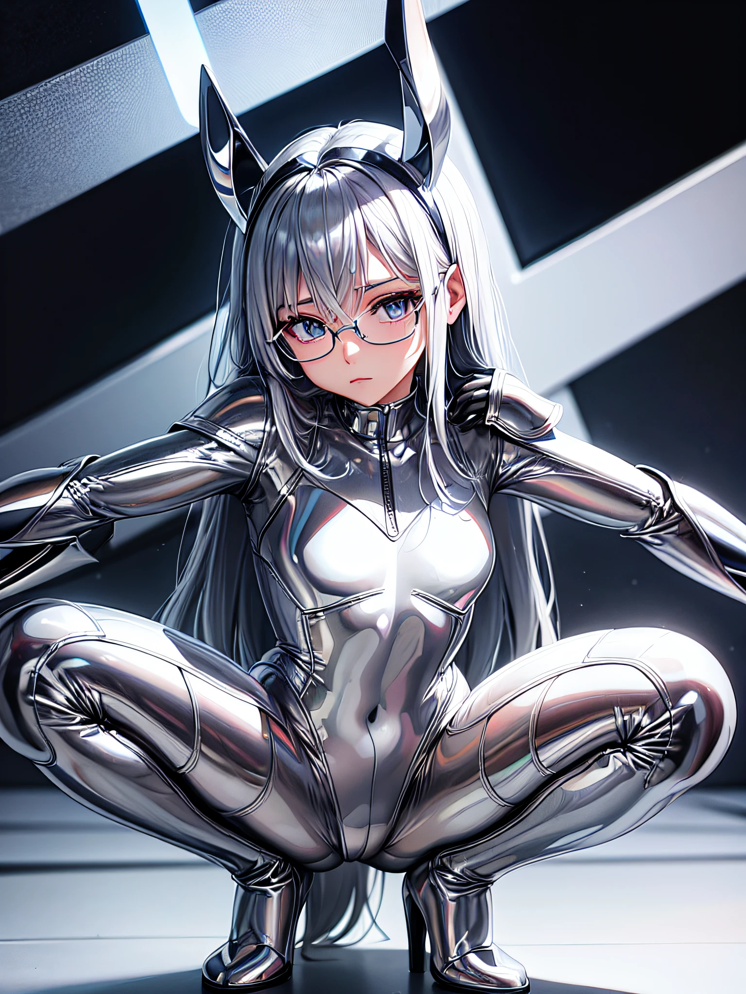 5 8K UHD、Silver shiny silver full-body rider suit with glasses silver hair and small-nosed beauty squatting with crotch wide open、Shiny silver latex slider suit with hidden skin