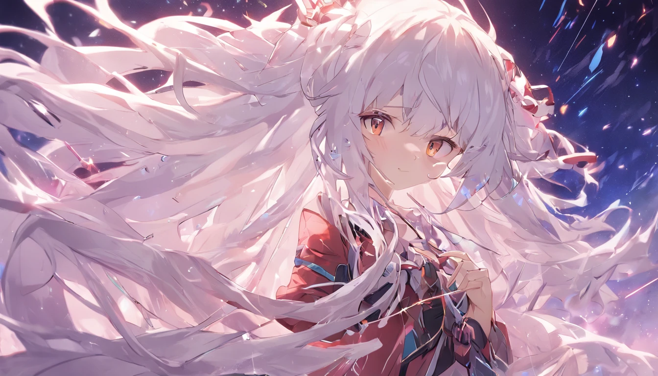 Anime girl with long white hair, white haired god, nigh sky, starrysky, Detailed key anime art, shadowverse style, high detailed official artwork, anime key visual of elegant, official artwork, Official art, girls frontline universe, from the azur lane videogame, Fate Grand Order, anime visual of a young woman, Ayaka Genshin Impact