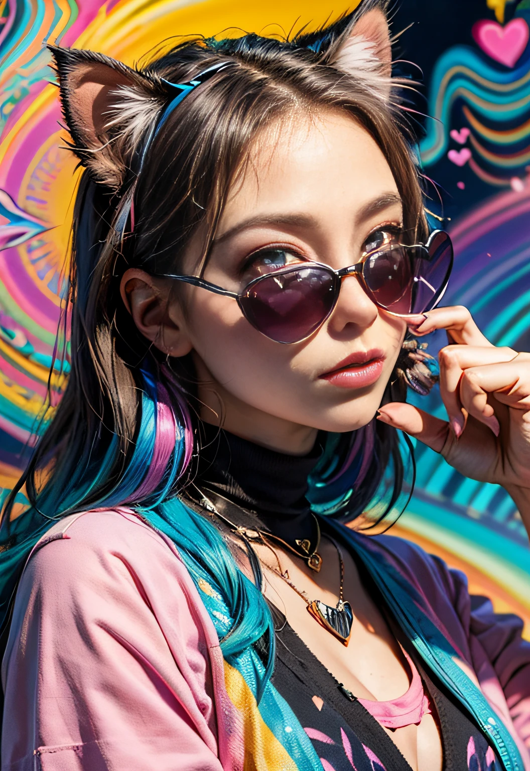 ​masterpiece、top-quality、top-quality、(((Psychedelic and colorful kitten design wearing pink heart sunglasses)))、ighly detailed、colourfull、highestdetailed、frontage