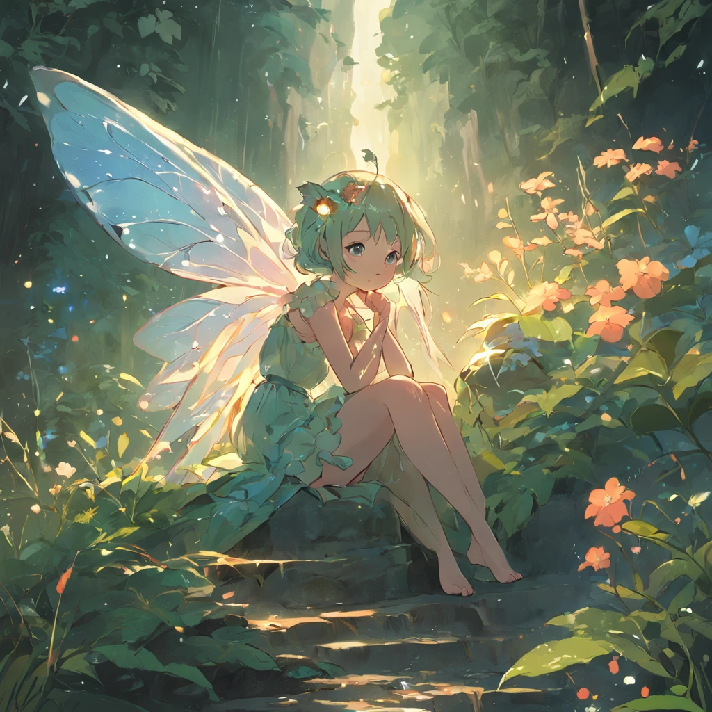 Cute Fairy, small stature, in full height, Flowers, sitted, Little chest, fairy wings, fairytale, Fantasy