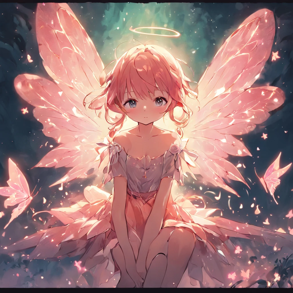 Cute Fairy, small stature, in full height, Flowers, sitted, Little chest, fairy wings, fairytale, Fantasy