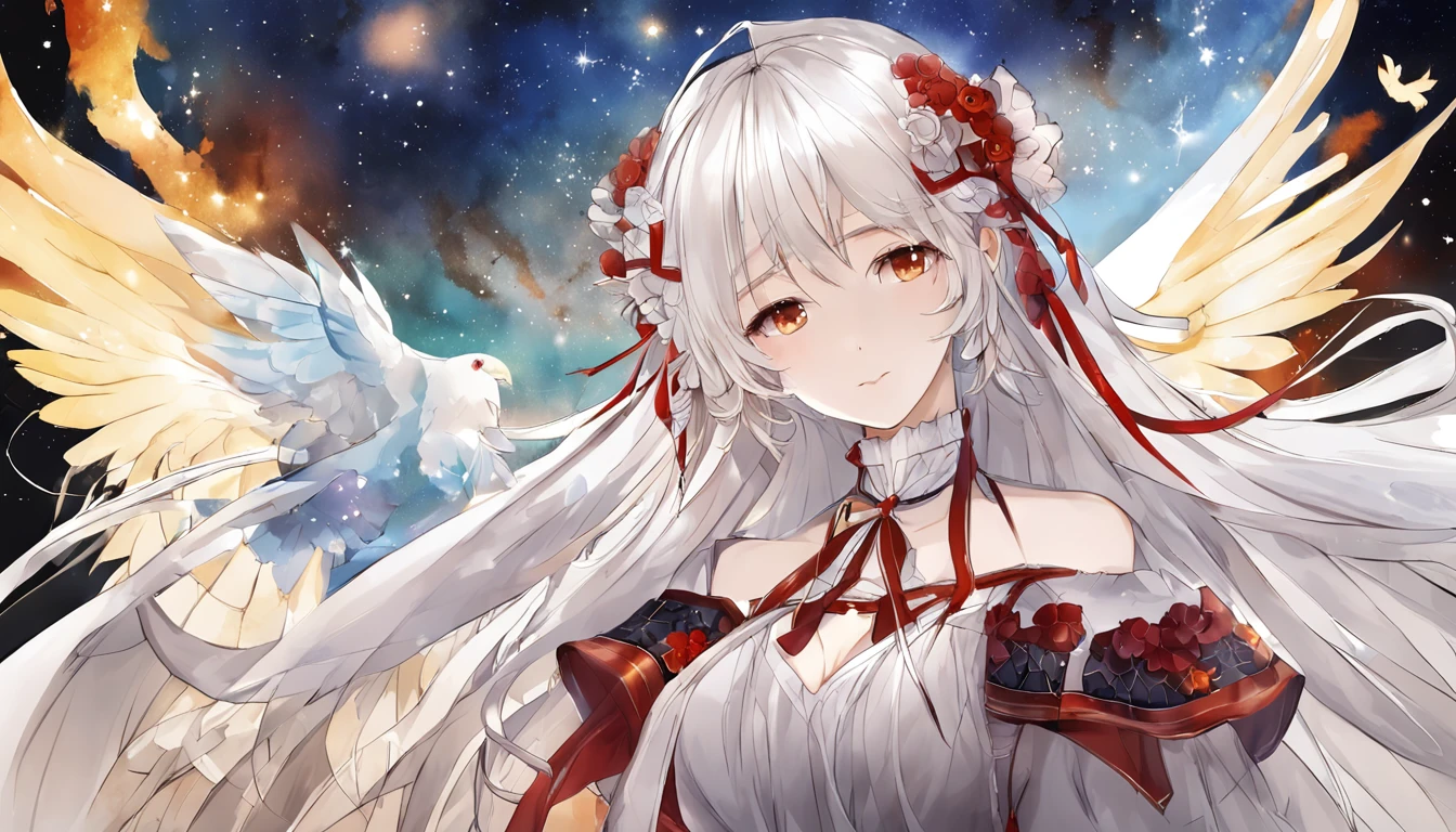 absurderes、hight resolution、(Official Art、Beautifully Aesthetic:1.2)、(Close View:1.15)、 (1girl in、White hair、Hair in the middle、yellow  eyes、radiant eyes、Black Long Dress、Red frills、:1.2)、simple background、（starrysky）、（nigh sky）、（starrysky）、stele、kosmos