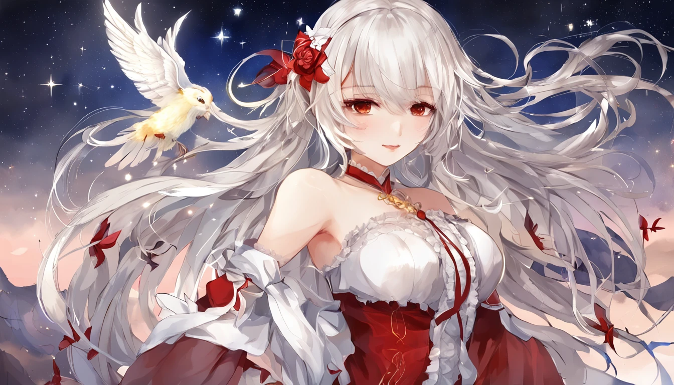 absurderes、hight resolution、(Official Art、Beautifully Aesthetic:1.2)、(Close View:1.15)、 (1girl in、White hair、Hair in the middle、yellow eyes、radiant eyes、Black Long Dress、Red frills、:1.2)、simple background、(starrysky)、(nigh sky)、(starrysky)、stele、kosmos