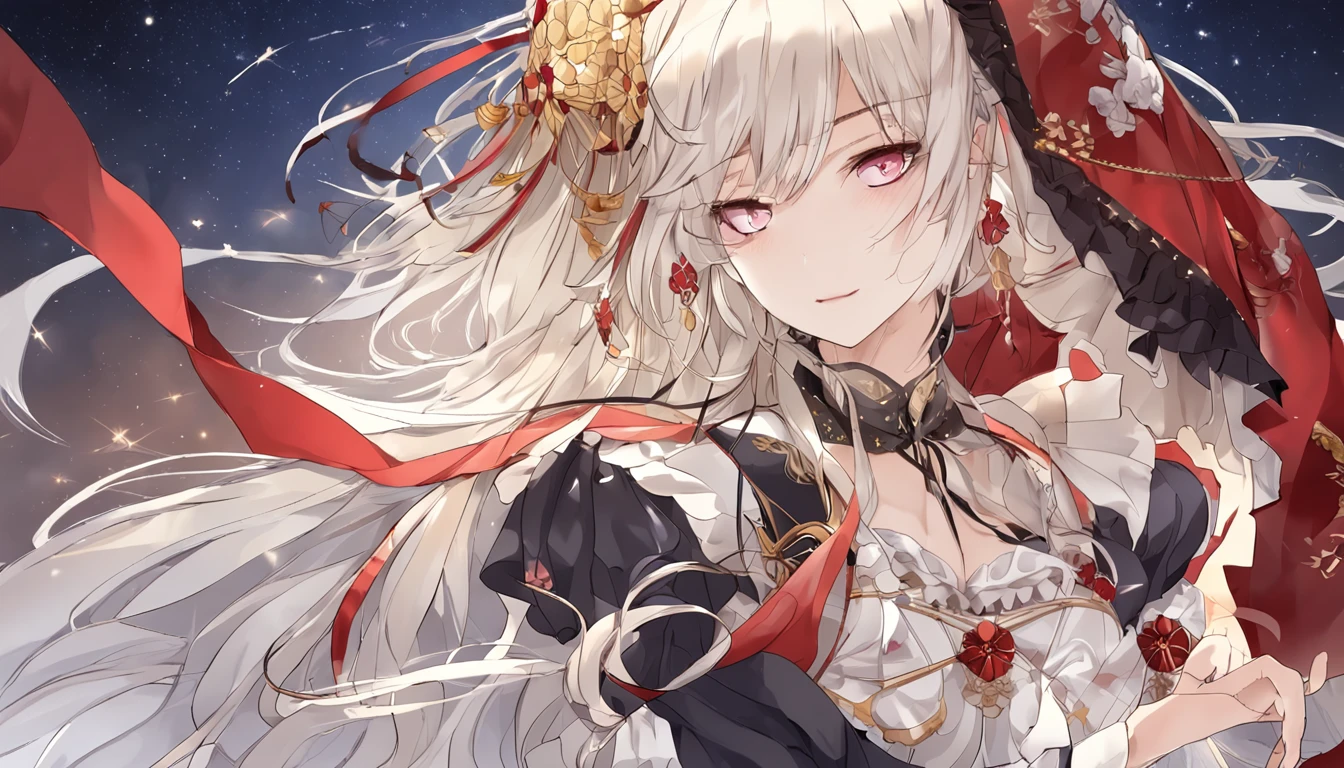absurderes、hight resolution、(Official Art、Beautifully Aesthetic:1.2)、(Close View:1.15)、 (1girl in、White hair、Hair in the middle、yellow  eyes、radiant eyes、Black Long Dress、Red frills、:1.2)、simple background、（starrysky）、（nigh sky）、（starrysky）、stele、kosmos