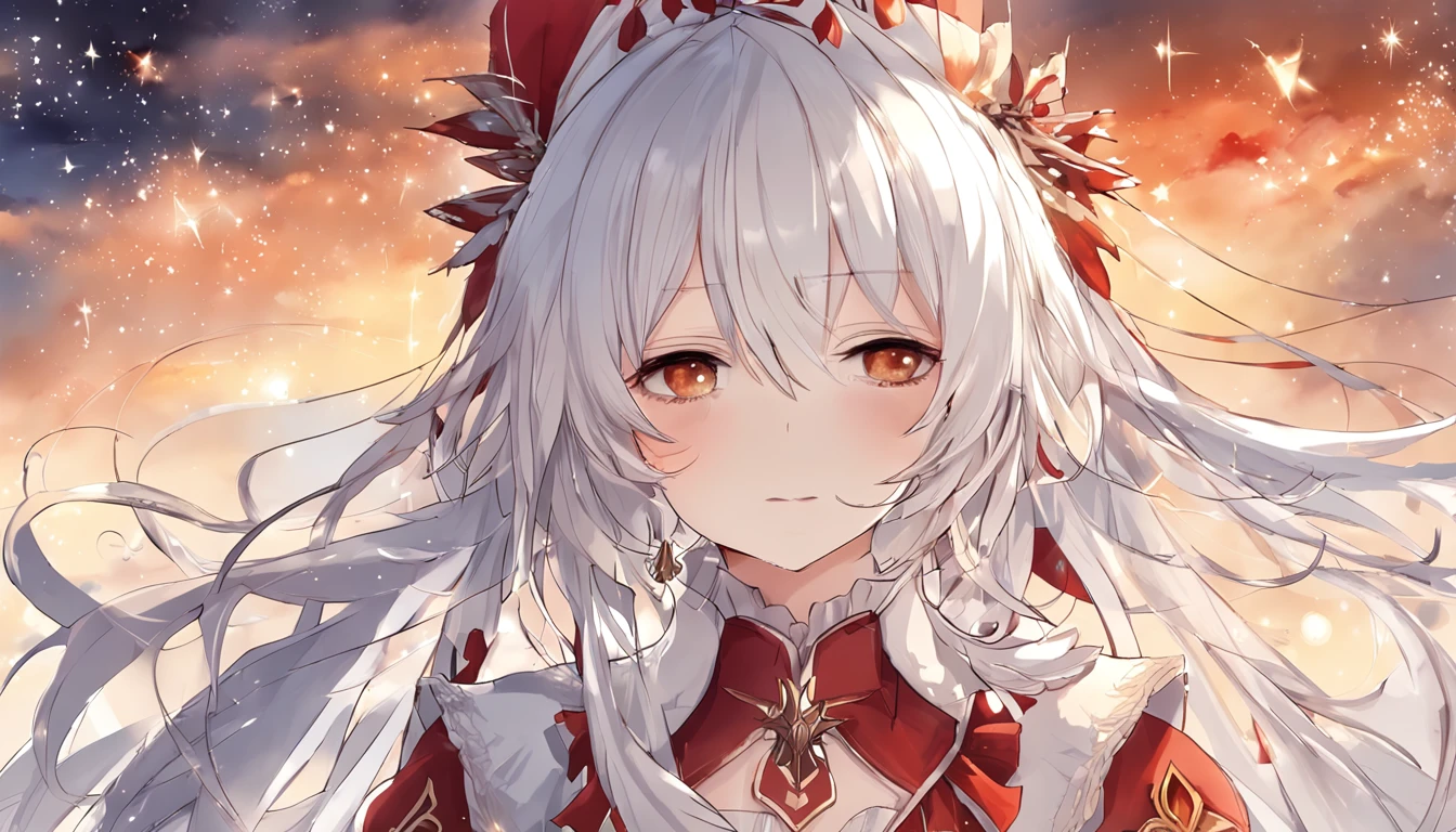 absurderes、hight resolution、(Official Art、Beautifully Aesthetic:1.2)、(Close View:1.15)、 (1girl in、White hair、Hair in the middle、yellow eyes、radiant eyes、Black Long Dress、Red frills、:1.2)、simple background、(starrysky)、(nigh sky)、(starrysky)、stele、kosmos