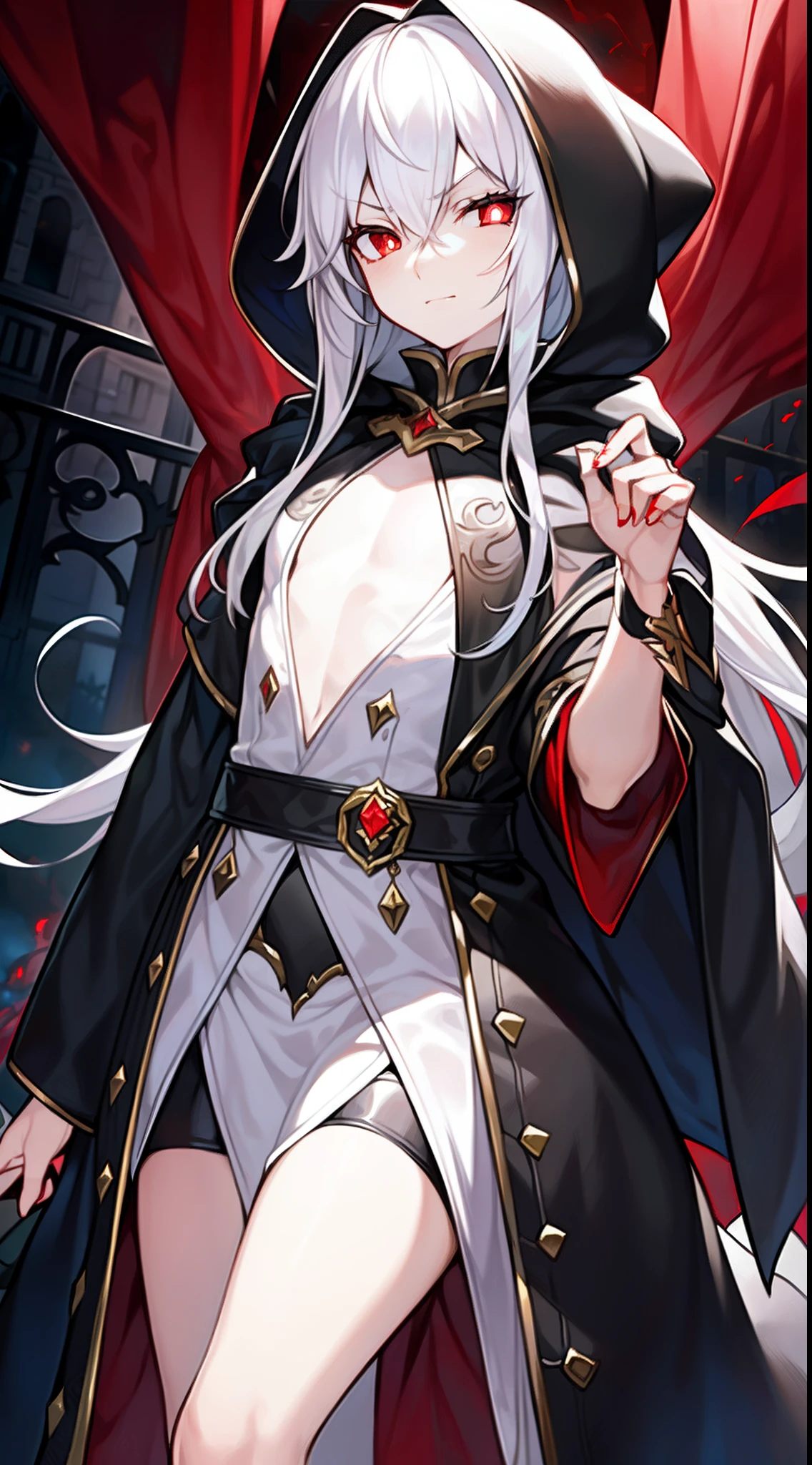 (Beautiful wallpapers) ，(evil theme)，(Girl with long white hair)，red pupils，(A black cloak covers the whole body)，Dominate the disaster，(Handsome)，Flat chest，Red Storm，(A world shrouded in darkness)，Random background，(The ultimate villain)，Resist the urge to defecate