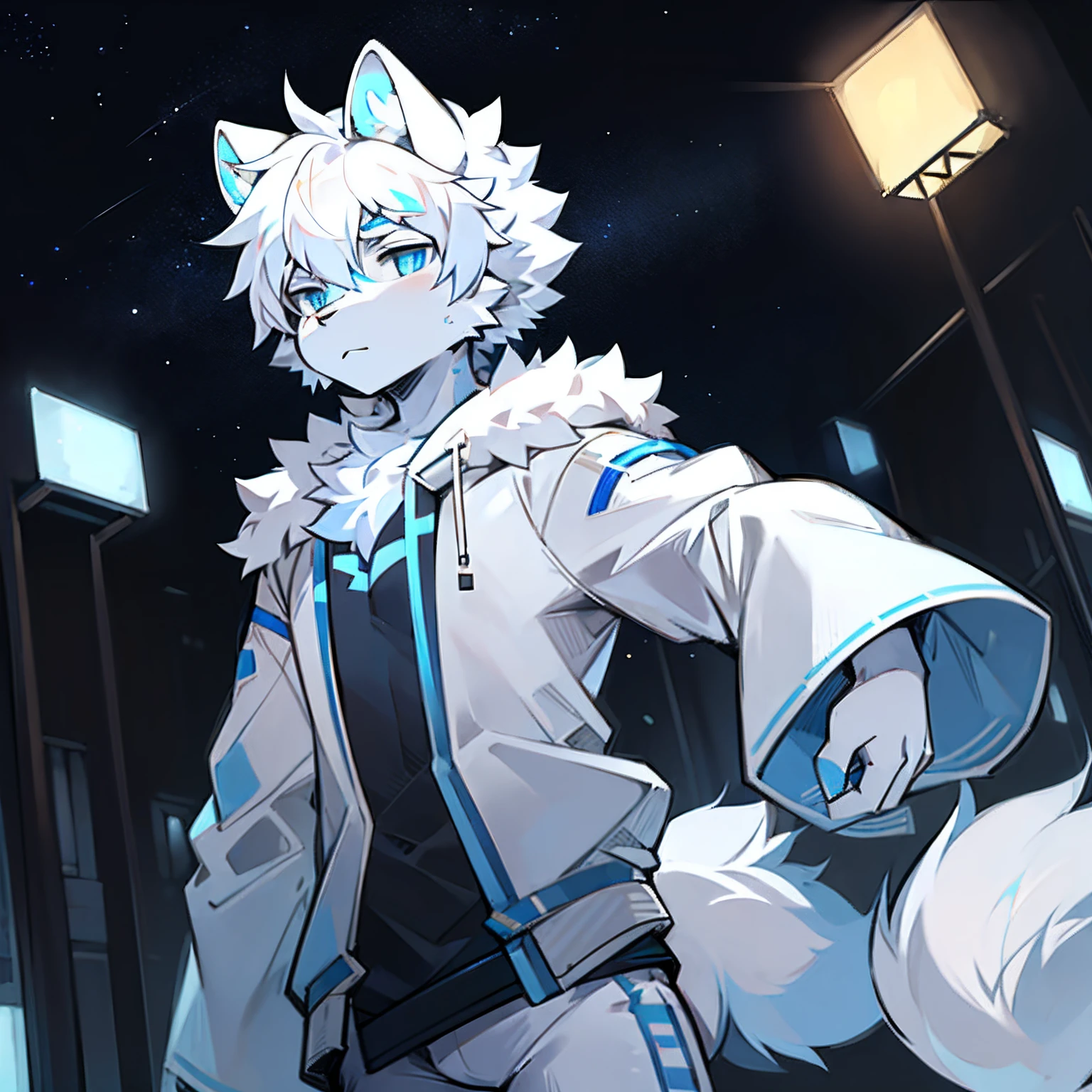Furry lion, White fur, minimalist outfit, Blue pupil avatar, Like a teenager,Man looks calm looking avatar white hair costume tech style environment starry sky