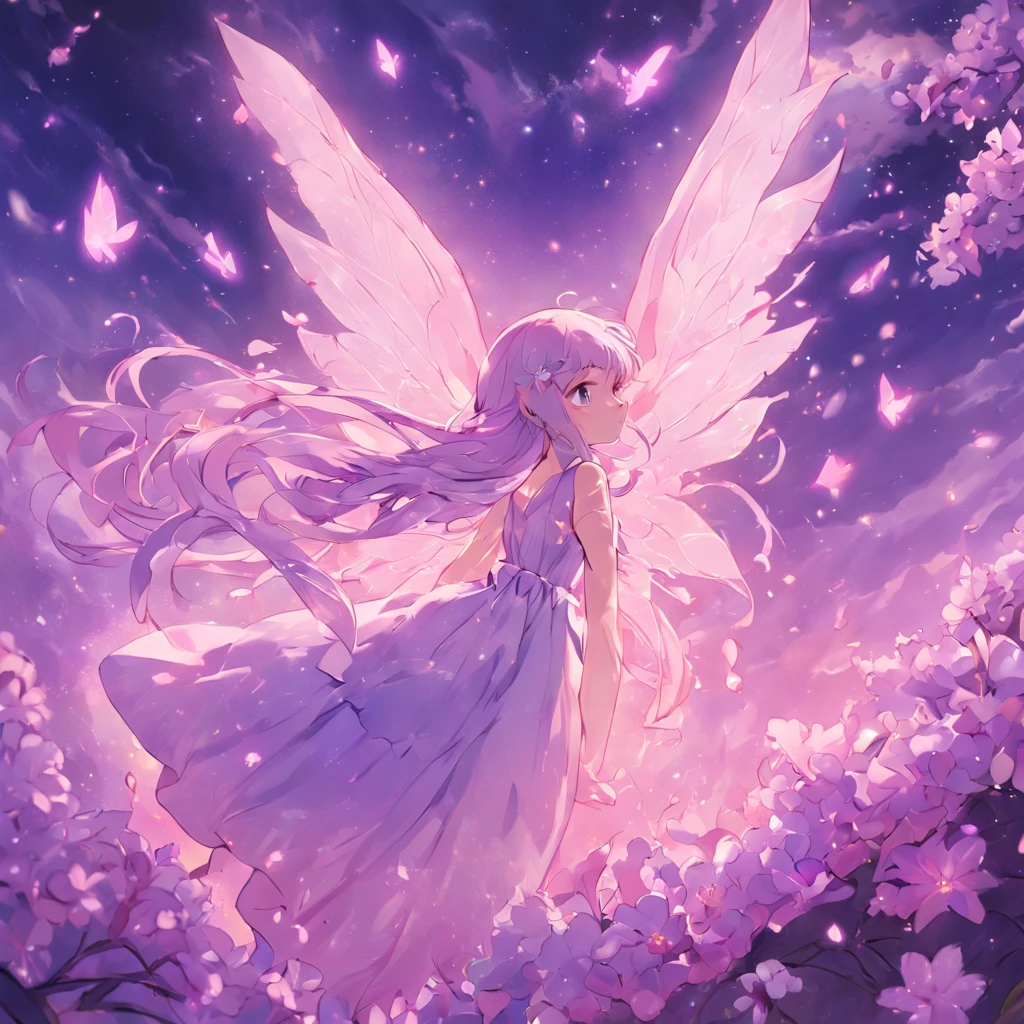 Anime girl with white wings and pink dress in a field of flowers ...