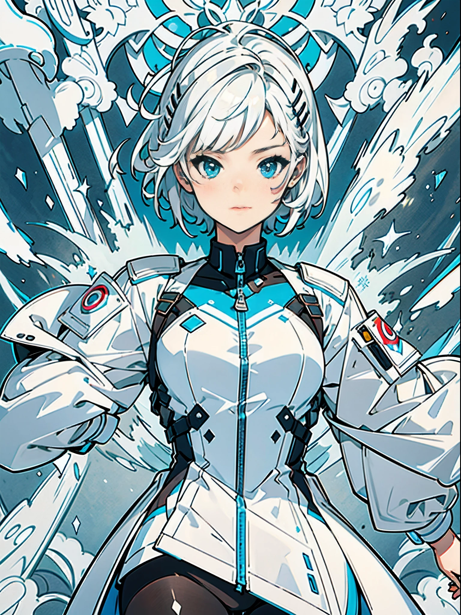 （（best qualtiy））， （（tmasterpiece））， （（Realistis））， （A detailed）， （realisticlying：1.5）， A futuristic girl， （Thick stature）， （white straitjacket）， In the picture, A short haircut，Beautiful girl with white and messy hair appears，s delicate face，Wear steam ...
