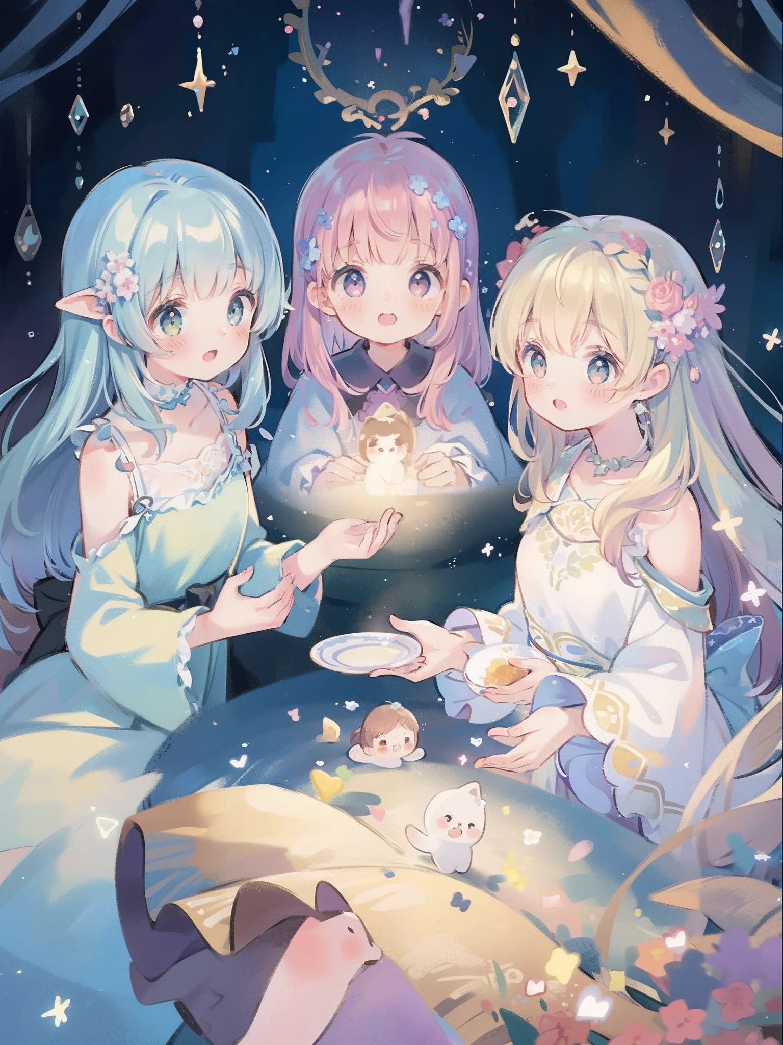 masterpiece, best quality, 8k resolution, sharp focus, intricate detail, beautiful 3girls, sparkling eyes, golden ratio face, otherworldly liquid, watercolor, pastel colors, bright colors, whimsical, colorful, sharp focus, high resolution, fine detail, ((layered tiered puffy long sleeves ballgown)), ((round eyes)), iridescent bubbles, fantasia background