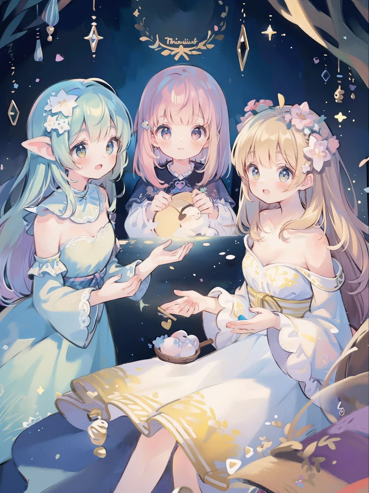 masterpiece, best quality, 8k resolution, sharp focus, intricate detail, beautiful 3girls, sparkling eyes, golden ratio face, otherworldly liquid, watercolor, pastel colors, bright colors, whimsical, colorful, sharp focus, high resolution, fine detail, ((layered tiered puffy long sleeves ballgown)), ((round eyes)), iridescent bubbles, fantasia background