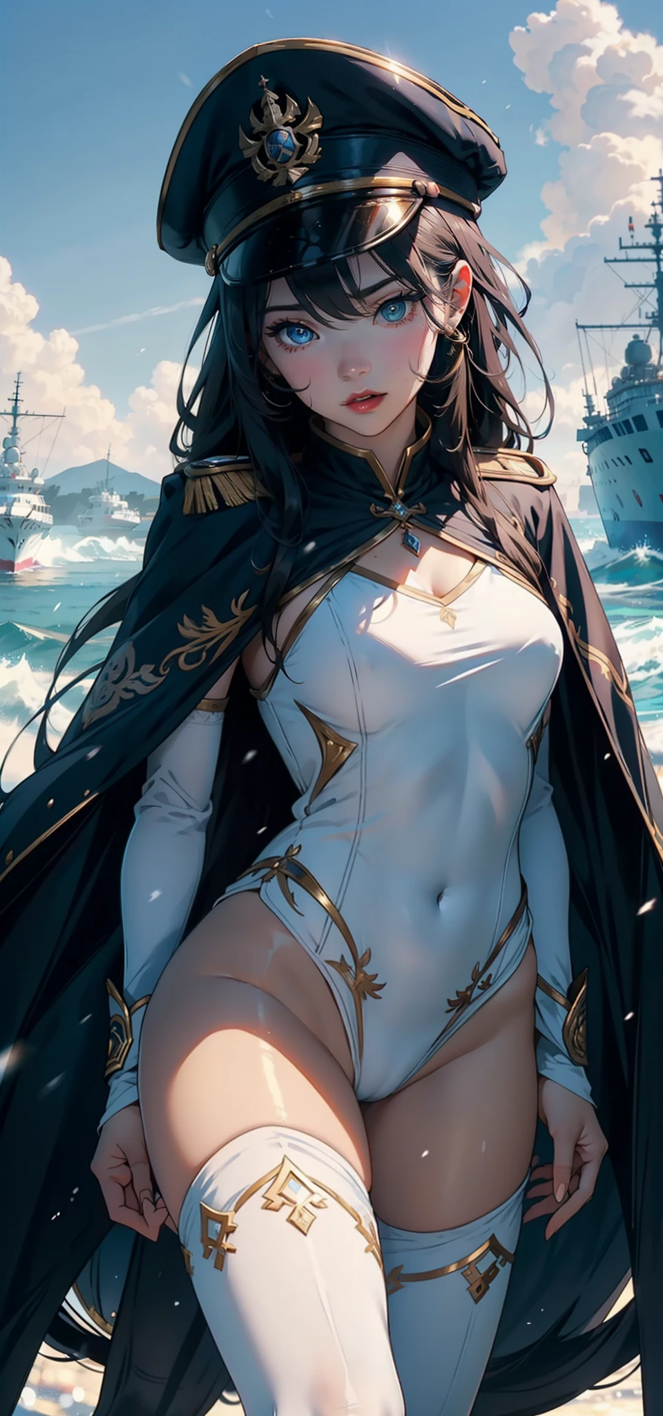 1womanl,3 year old girl,Small ,smallunderboob,Big breasts Thin waist,long leges,Raised sexy,Pornographic exposure, 独奏,Beauty contests,standing on your feet(Background with:the sea,snow mountains,warships,at winter season,Blizzarding,Big snowflakes)On warships, with his long black hair,Long hair flutters in the wind,dynamicposes,Sweat profusely,drenched all over the body,seen from the front, hair straight, mostly cloudy sky,(((tmasterpiece),(Very detailed CG unity 8K wallpaper),best qualtiy,cinmatic lighting,detailed back ground,beatiful detailed eyes,Bright pupils,(Very fine and beautiful),(Beautiful and detailed eye description),Blue eyes,Redlip,ultra - detailed,tmasterpiece,)),facing at camera,(The upper part of the body),A high resolution,ultra - detailed),revealing breasts,Bare genitalia, Bulge,legs are open,sexyposture,Camel toes,Flushed complexion,Open-mouthed,frontage,Tsarist Russian officer,Officer's cap(Wearing:White cloak,down jacket,elementary student,Winter officer uniform,Sexy leggings,Armour,Gold wire embroidery,Snowflake decoration)