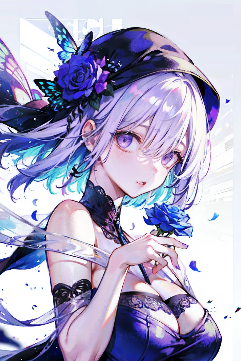 silber hair,butterflys,long whitr hair,8k wallpaper,detailedbackground,Highest high resolution,deep v big breasts,Hair over eyes,Bandeau,Church background,Purple roses,tight-fitting,themoon,stocklings