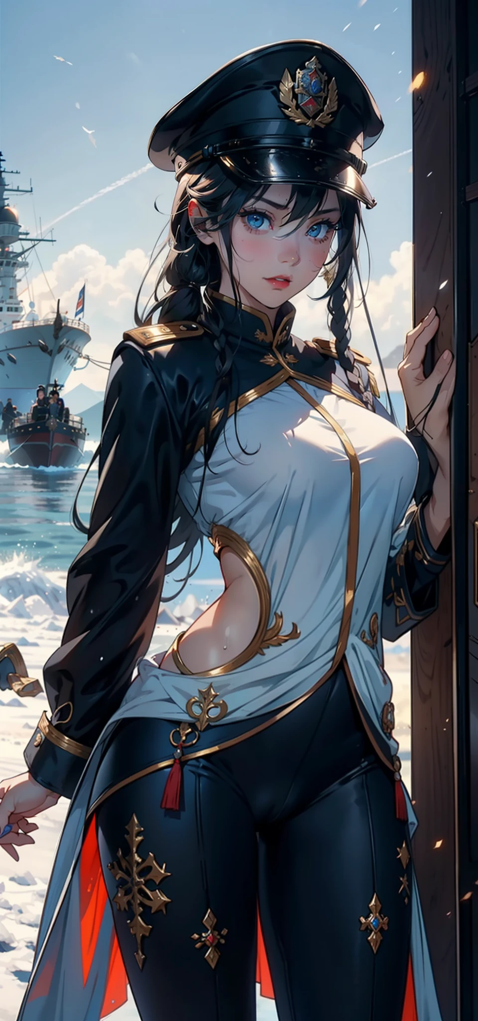 1womanl，3  girl，Small loli，smaunderboob，Big breasts Thin waist，long leges，Raised sexy，Pornographic exposure， 独奏，Beauty contests，standing on your feet（Background with：the sea，snow mountains，warships，at winter season，Blizzarding，Big snowflakes）On warships， with his long black hair，Long hair flutters in the wind，dynamicposes，Sweat profusely，drenched all over the body，seen from the front， hair straight， mostly cloudy sky，（（（tmasterpiece），（Very detailed CG unity 8K wallpaper），best qualtiy，cinmatic lighting，detailed back ground，beatiful detailed eyes，Bright pupils，（Very fine and beautiful），（Beautiful and detailed eye description），Blue eyes，Redlip，ultra - detailed，tmasterpiece，）），facing at camera，（The upper part of the body），A high resolution，ultra - detailed），revealing breasts，Bare genitalia，  Bulge，legs are open，sexyposture，Camel toes，Flushed complexion，Open-mouthed，frontage，Tsarist Russian officer，Officer's cap（Wearing：White cloak，down jacket，elementaryficer uniform，Sexy leggings，Armour，Gold wire embroidery，Snowflake decoration）