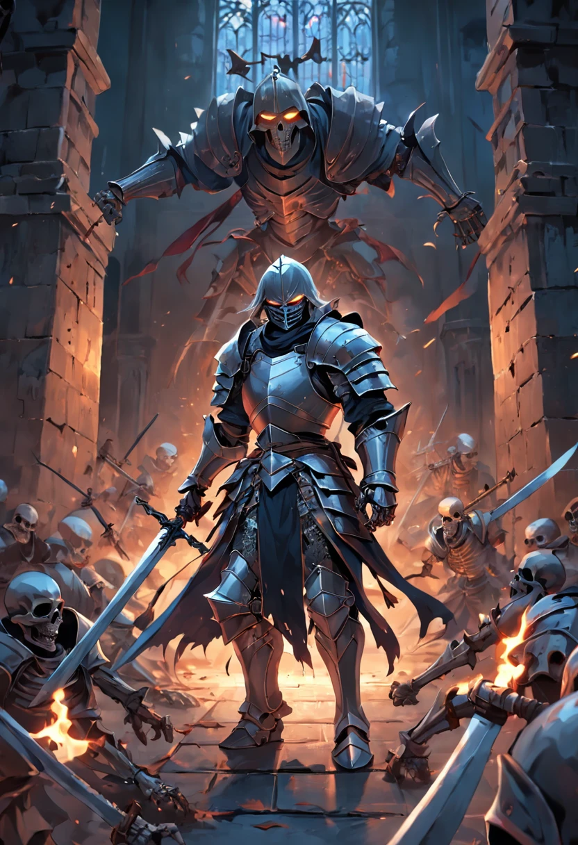 A knight in metal armor fighting an army of skeletons in a dark castle corridor.