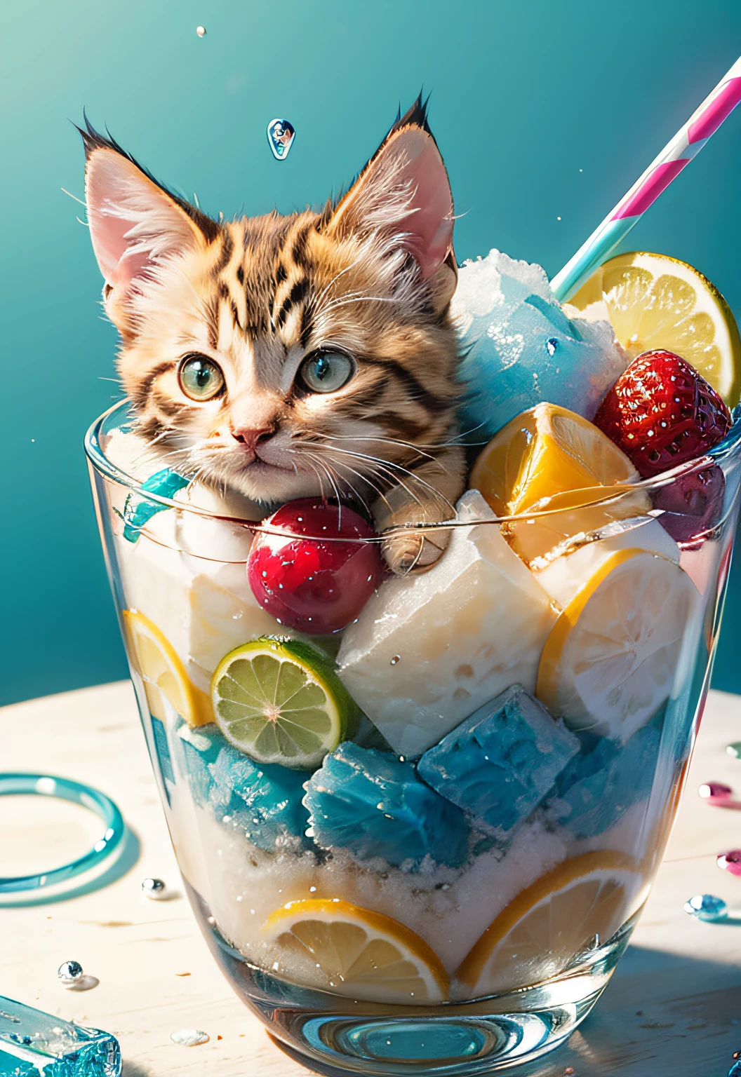 masterpiece、top-quality、top-quality、Colorful cute kitten design with illustration、Eat shaved ice、ighly detailed、colourfull、highestdetailed、Wide range of shots、gorgeous colors、grains of sugar、water dripping、kirakira、Colorful colors of bright ice、Image-like backgrounds、Fun bright atmosphere、Colorful fruits flying around shaved ice