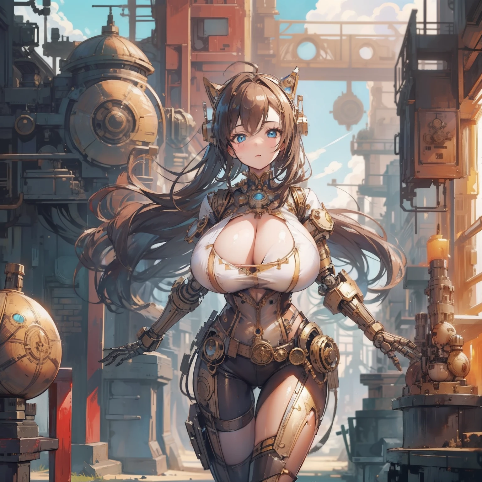 masterpiece, best quality, 1girl, curvy woman in a laboratory with a (robot dog:1.2), steam, steampunk, dust, debris, cleavage, big boobs