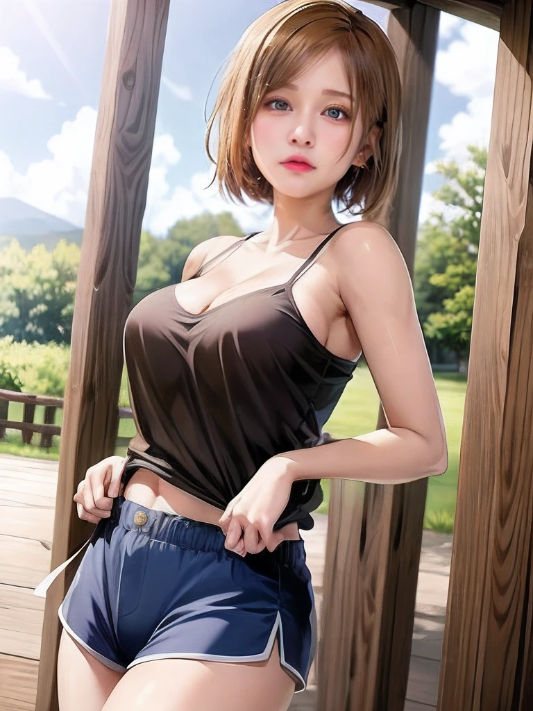 Bust up, upper body, anime girl with short hair and blue dress, posing for photo, photorealistic anime girl rendering, realistic anime 3d style, smooth anime CG art, [4k photorealism]!, photorealistic anime, soft portrait shot 8k, [4k photorealism]!, 8k portrait rendering, anime realism style, 3d anime realistic, cute realistic portrait