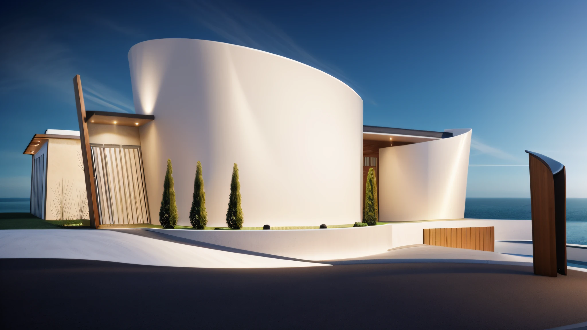 1 modern building with main materials are white walls and wood, with accents, minimalist design, masterpiece, high quality, details utral:1.3, sunset:1.3, ((dynamic lighting:1.3) )), perfect lighting, shimmering sky:1.2, large yard, modern feel, 1 black car:1.3, behance.net,warm light brighteness from indoor:1.4