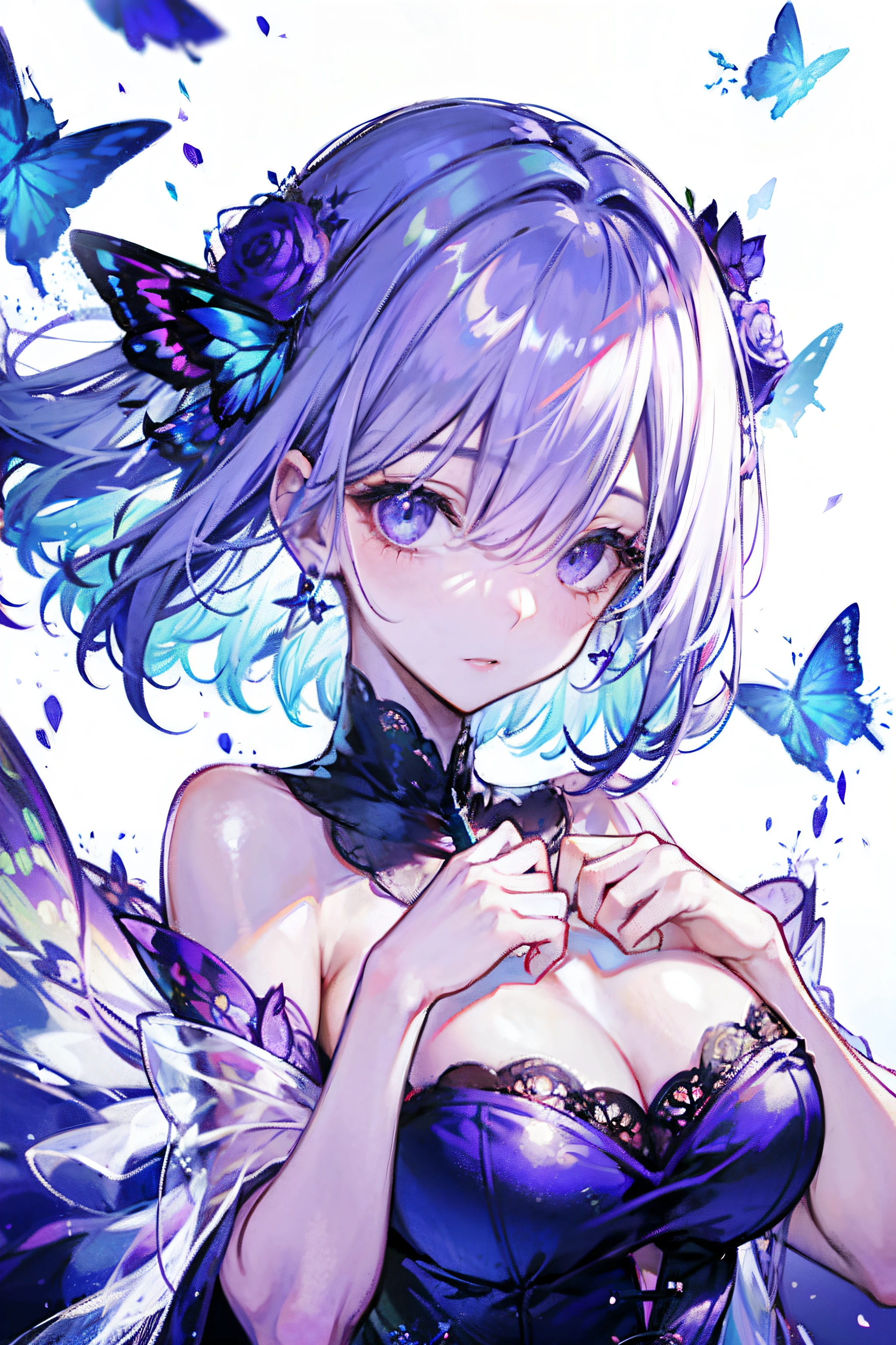 silber hair,butterflys,long whitr hair,8k wallpaper,detailedbackground,Highest high resolution,deep v big breasts,Hair over eyes,Bandeau,Church background,Purple roses,tight-fitting,themoon,stocklings