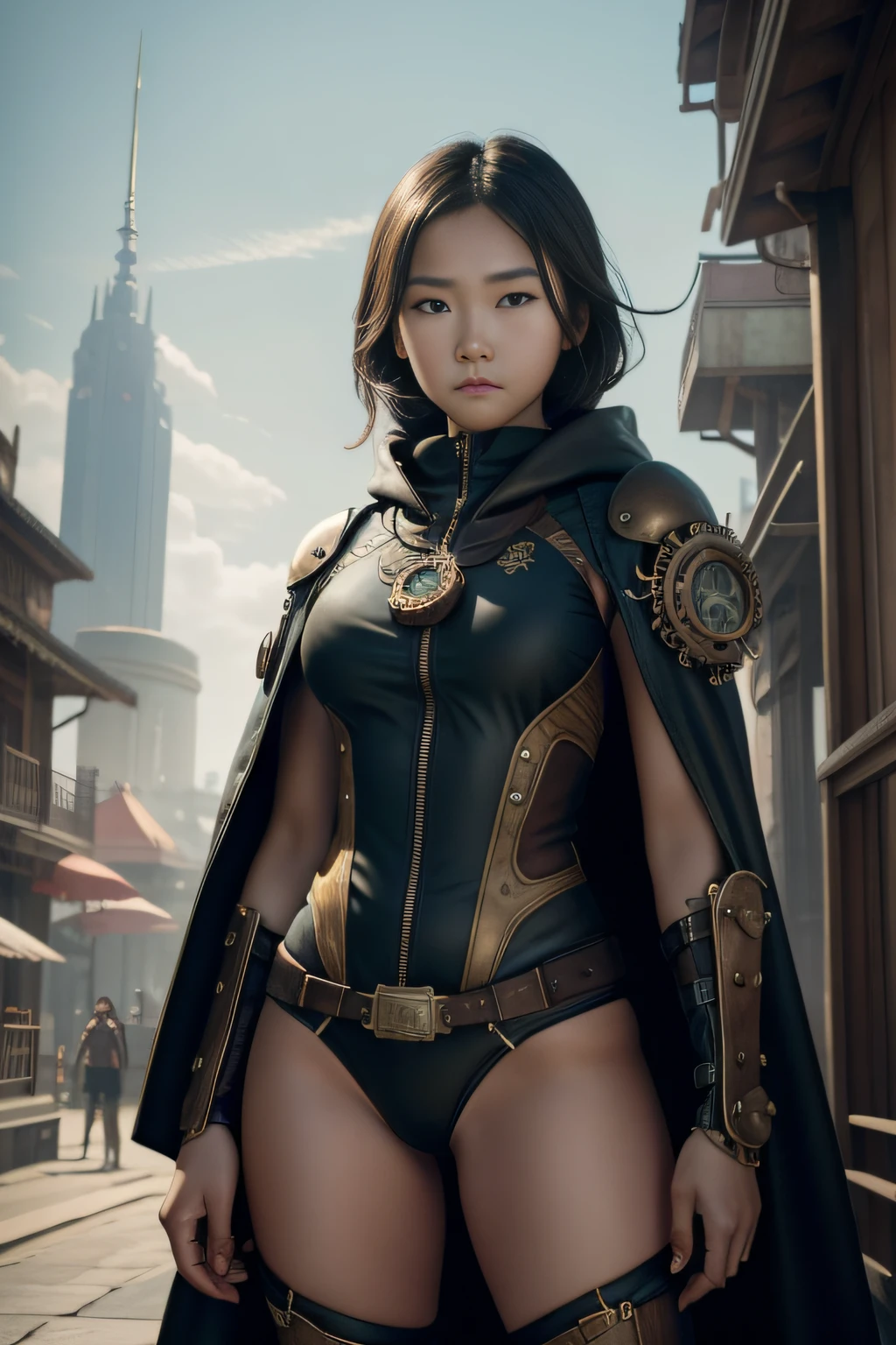 1 girl, young, ***********, Asian girl, full body from head to toe, realistic, realistic face, realistic eyes, worried, looks over her shoulder, side lighting, wallpaper, looks at viewer, futuristic steampunk buildings in background, long cape and hood, or edge on front of one-piece swimsuit, ground earth, outdoors, hold steampunk sword in left hand, fly in sky with steampunk jet pack, dragon logo,