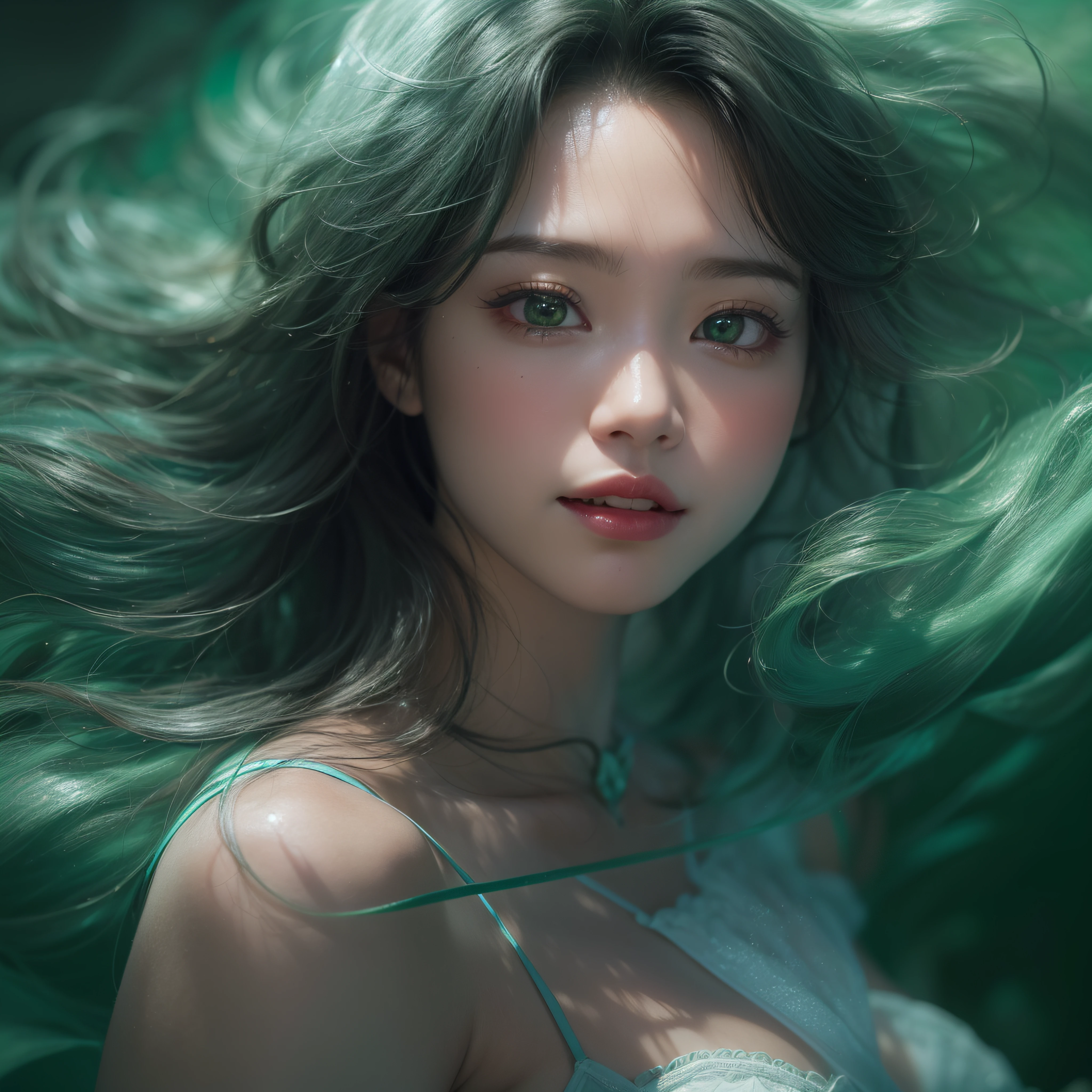 Close up of smiling face with open mouth、(realisitic、hight resolution)、(1 girl in)、Do-Up Eye、Korean Girl、(Best Quality), (masutepiece), (1girl in), Solo, a beauty girl, Perfect face, Big Breast,dreamlikeart、Highly detailed airbrush art((Surreal))、Volumetric lighting、(top-quality)、The ultra-detailliert、(The composition of the movement:1.4)、Highly detailed colorful details、(Bright lighting)、dynamic compositions、Ray traching、The mirror reflects light、Shallow depth of field、ultra-detailliert、mixing  exposure、nffsw、Her eyes glow deep green、Staring at the deep green sea。Her dark green face is、Full of adventure anticipation and courage.、A smile appears on her deep green lips。 At the rear、The sun is slowly tilting to the west。Its light brings deep green light to the surface of the sea、The swaying waves create a beautiful scene。Her eyes glow a distinctly deep green。a lot of dark green、