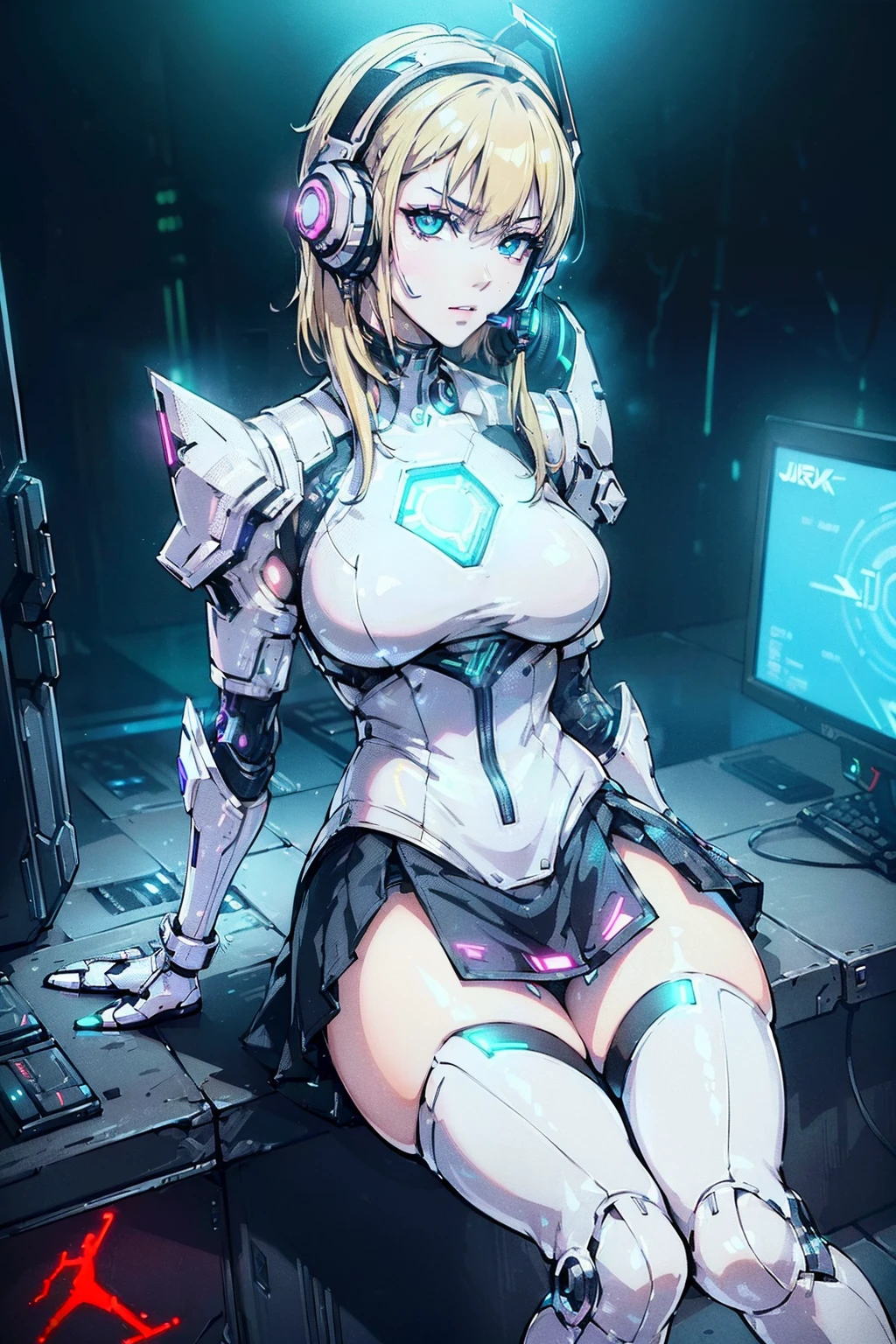 (((Cyberpunkcore aesthetic))) (((sitting and wearing an Air Jordan))) ((beauty slim shape)) perfect skin, hyperrealistic masterpiece, (((in extremely complex & superdetailed white plugsuit sci-fi armor))), cinematic illumination: 8k, symmetrical eyes, realistic, sharp focus, HD, highly detailed, intricate, photography, hyperrealism, hyperrealistic, film, studio portrait, detailed, dramatic lighting, maximum definition and sharpness, (((highly detailed external glowing lighting))), (((wearing cyberpunk neon headphone and short skirt))), (((blonde hair)))