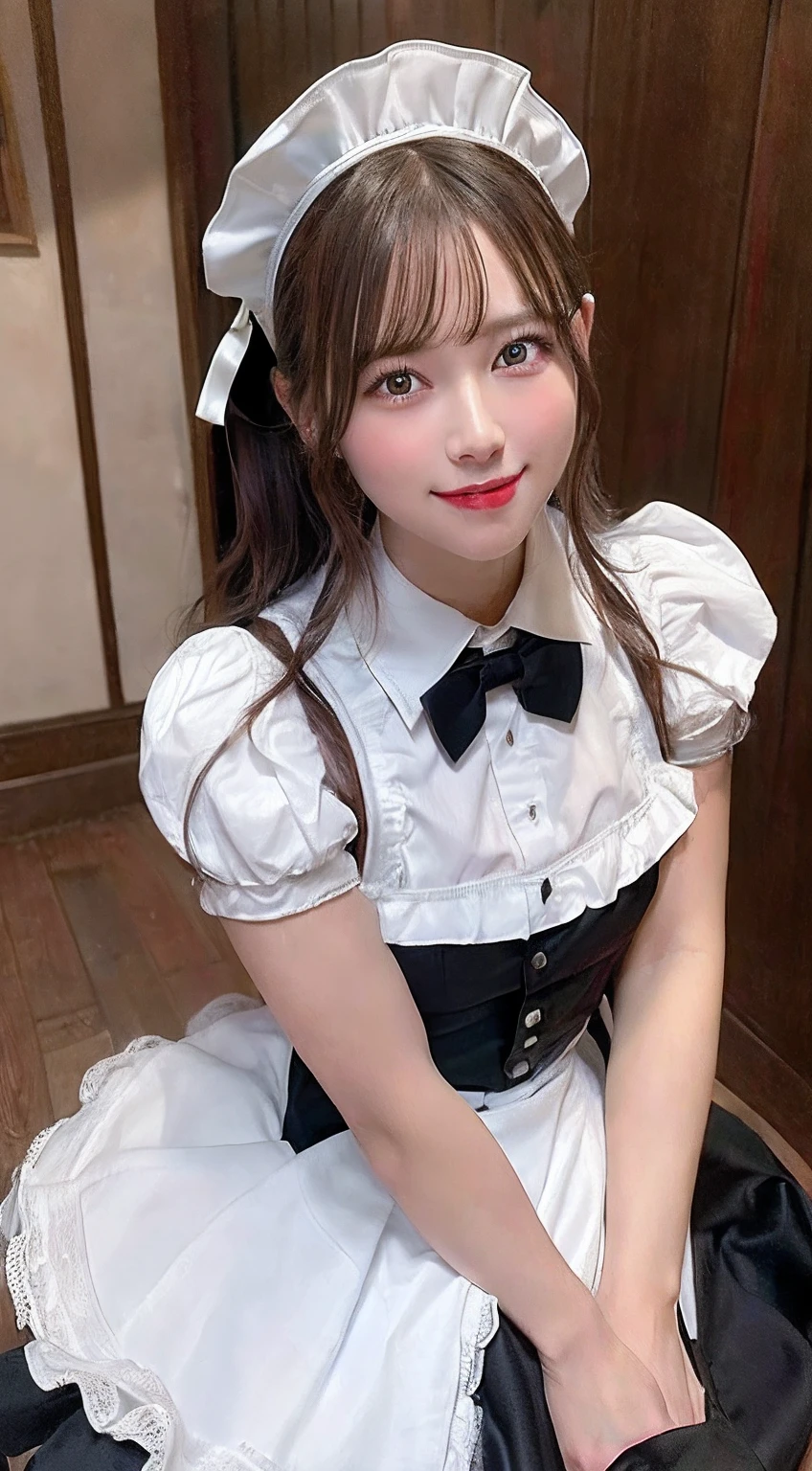 (8k, RAW photo, best quality, masterpiece:1.2), High detail RAW color photo, professional photograph, cowboyshot, (realistic, photo realistic:1.37), ((best quality)), 1 girl, cinematic light, (finerly detailed face:1.2), (masterpiece:1.5), (best quality:1.2), (smiling:1.2), (looking at viewer:1.2), bowtie, (detailed maid:1.2)