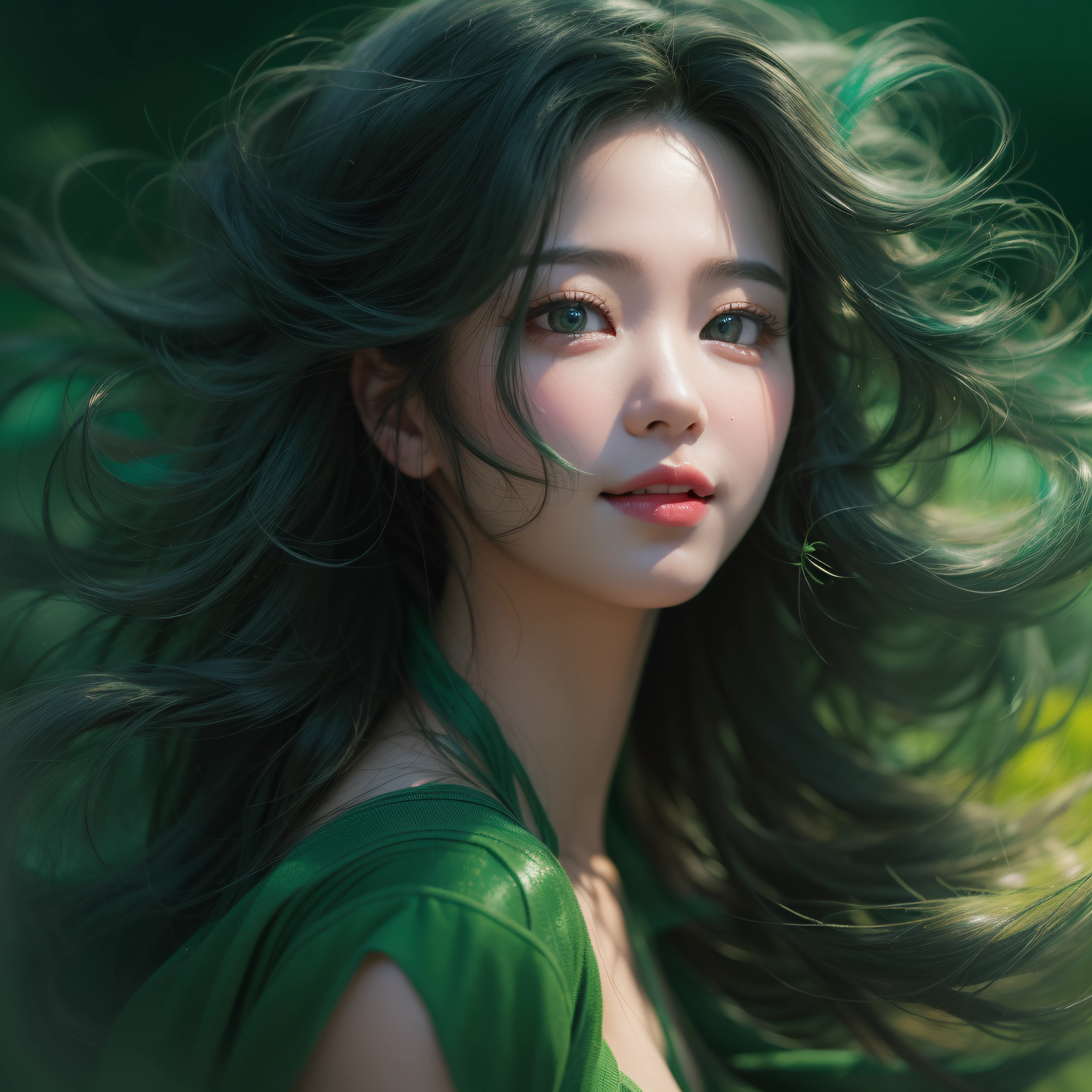 Close up of smiling face with open mouth、(realisitic、hight resolution)、(1 girl in)、Do-Up Eye、Korean Girl、(Best Quality), (masutepiece), (1girl in), Solo, a beauty girl, Perfect face, Big Breast,dreamlikeart、Highly detailed airbrush art((Surreal))、Volumetric lighting、(top-quality)、The ultra-detailliert、(The composition of the movement:1.4)、Highly detailed colorful details、(Bright lighting)、dynamic compositions、Ray traching、The mirror reflects light、Shallow depth of field、ultra-detailliert、mixing exposure、nffsw、Her eyes glow deep green、Staring at the deep green sea。Her dark green face is、Full of adventure anticipation and courage.、A smile appears on her deep green lips。 At the rear、The sun is slowly tilting to the west。Its light brings deep green light to the surface of the sea、The swaying waves create a beautiful scene。Her eyes glow a distinctly deep green。a lot of dark green、