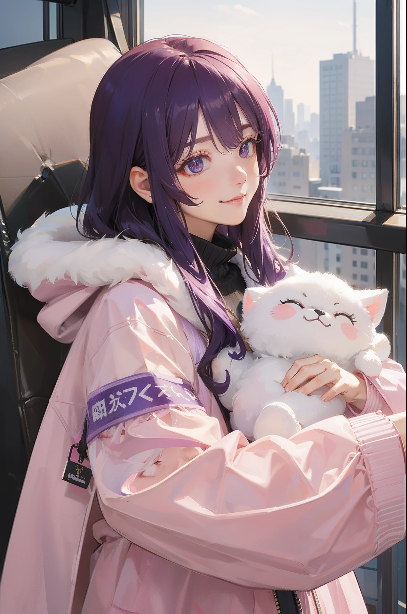 masterpiece, best quality, beautiful detailed hair detailed face, perfect feminine face, big almond-shape eyes, smile, happy, a beautiful and cute girl with purple hair, winter jacket, fur, fur hoodie, (close-up potrait:1.2), sharp focus, volumetric lighting