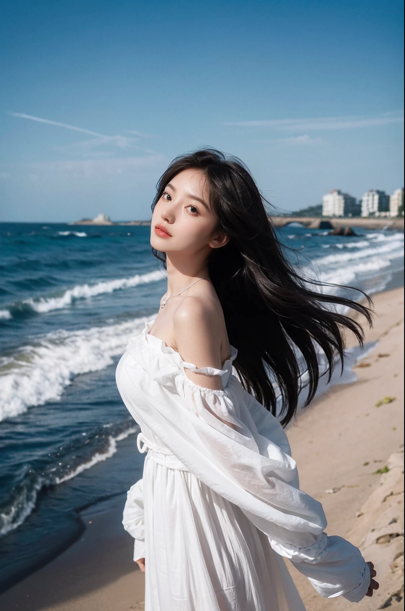 Sweet girl by the sea,voluminous hair,Delicate face,Photorealsitic,of a real,largeaperture,wears a white dress,Cropped dress,Off-the-shoulder,Dress around the neck,Slim,sexy for,超高分辨率