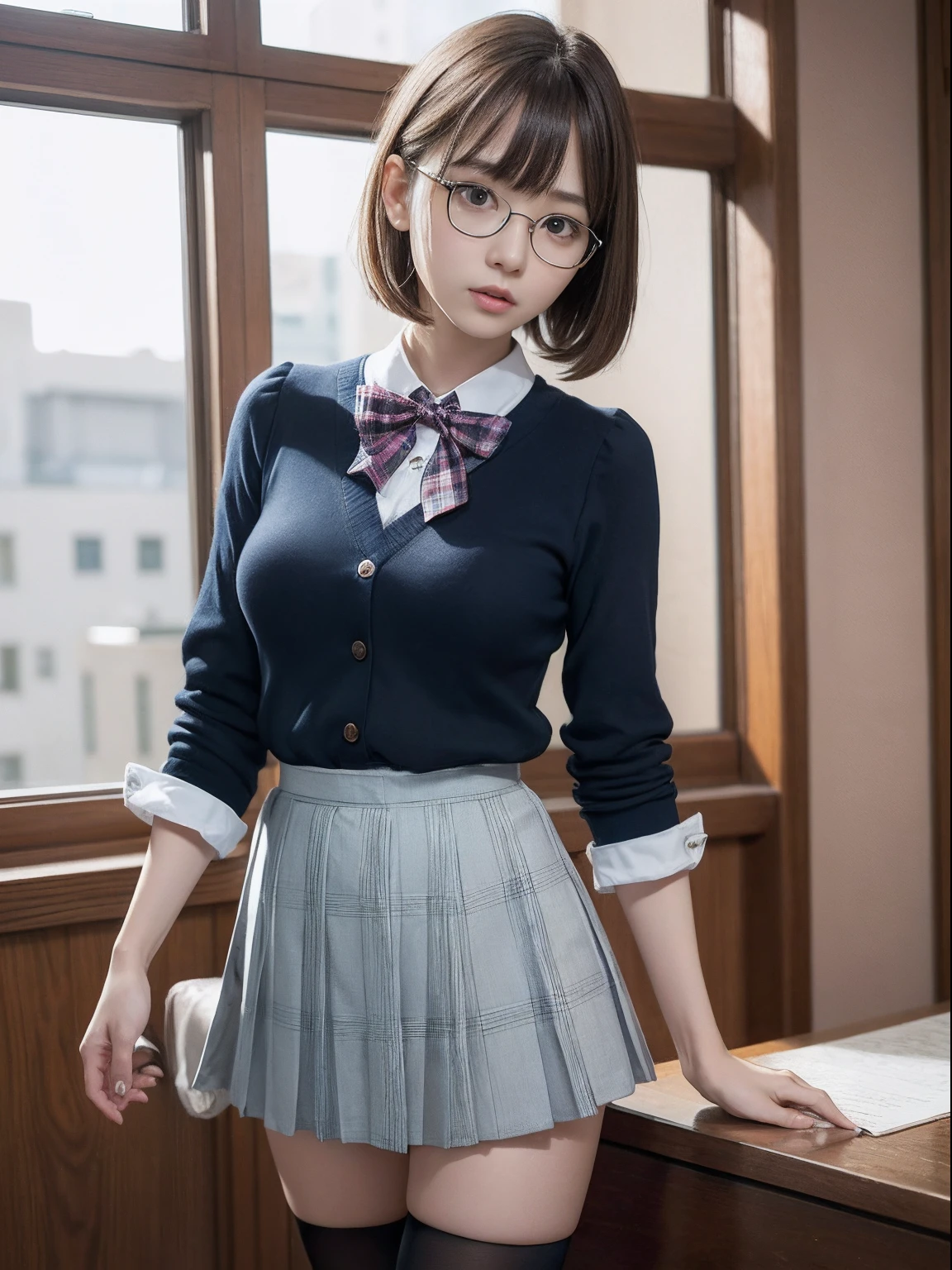 (8K、Raw photography、top-quality、masterpiece:1.2),absurderes,a small face,small tits,flat breast,Parting the bangs from the middle、Forehead visible,(Tight eyes,Bullish,skinny,Rasping,irate)、masterpiece,top-quality、超A high resolution,Raw photo,ren,Beautiful fece,One Person, 独奏,eye glass,,Dark look,Small breasts,fullllbody,Round glasses、cute little、A Japanese Lady,is standing,(Tight eyes,Bullish,skinny,Rasping,irate,small tits,flat breast)、(Photorealsitic:1.37)、Photon mapping,Light blue ribbon,Realistic、Cute little face,Brown-eyed、Black socks、(Red bow tie)、Radio City、Physically Based Rendering、Foreground、depth of fields、Blurry background、a picture,The girls、Body, Long legs, Thin leg,Semi-bob cut,(Bangs are visible), hair, s lips, Blue_The eye, nosesoft,White shirt, Navy blue and white plaid pleated skirt, Knees are visible,Sheer clothing,, Thigh, Black cotton socks,Nogizaka Idol, 女優, Japanese ido