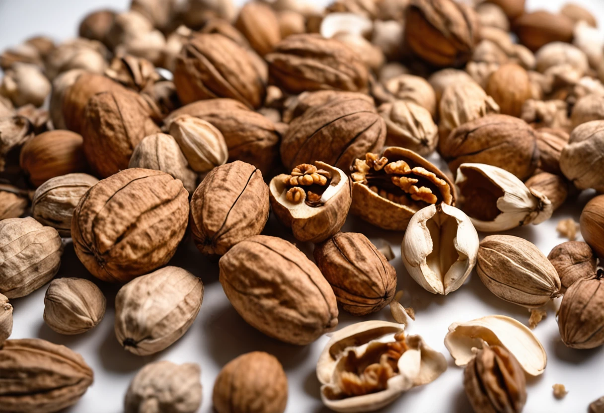 There are a lot of walnuts and walnut shells on a white background, Peeled walnuts