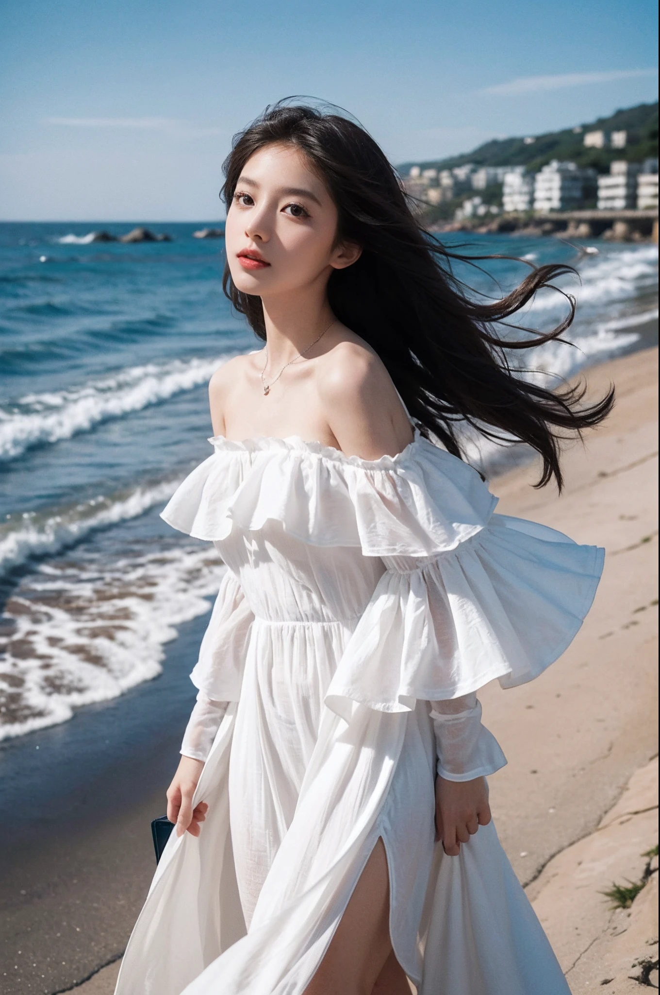 Sweet girl by the sea，voluminous hair，Delicate face，Photorealsitic，of a real，largeaperture，wears a white dress，Cropped dress，Off-the-shoulder，Dress around the neck，Slim，sexy for，超高分辨率