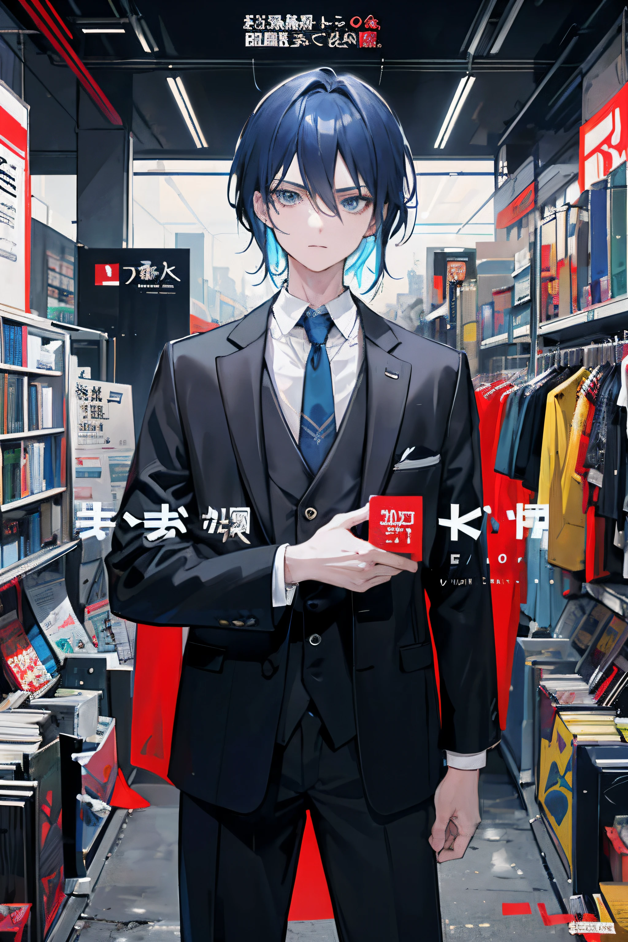 ((((Dramatic))), (((grittiness))), (((Intense))) The movie poster features a young man as the central character。He stands confident in the center of the poster，He is a lawyer，blue  hair，eBlue eyes，Pubic area is clear，Wear trendy lawyer attire，With a thoughtful expression on his face。The background is a puzzle and a book，puzzles，There is wisdom and wisdom。The text is bold and eye-catching，With catchy slogans，Adds to the overall drama and excitement。The color palette is dominated by dark colors，Dotted with bright colors，Make the poster dynamic and visually striking，tachi-e (Magazines:1.3), (Cover-style:1.3), Fashionab, mtu, vibrant,information， Outfit, posing on a, Front,rich colourful，dyna，Background with，element in，self-assured，Expressing the，halter，statement，Attachment，A majestic，coil，Runt，Touching pubic area，Scenes，text，Cover of a，boldness，attention-grabbing，titles，Fashionab，typeface，Catchy，titles，more big，wisdom、moderno、Trendy、focus-on、Fashionab、