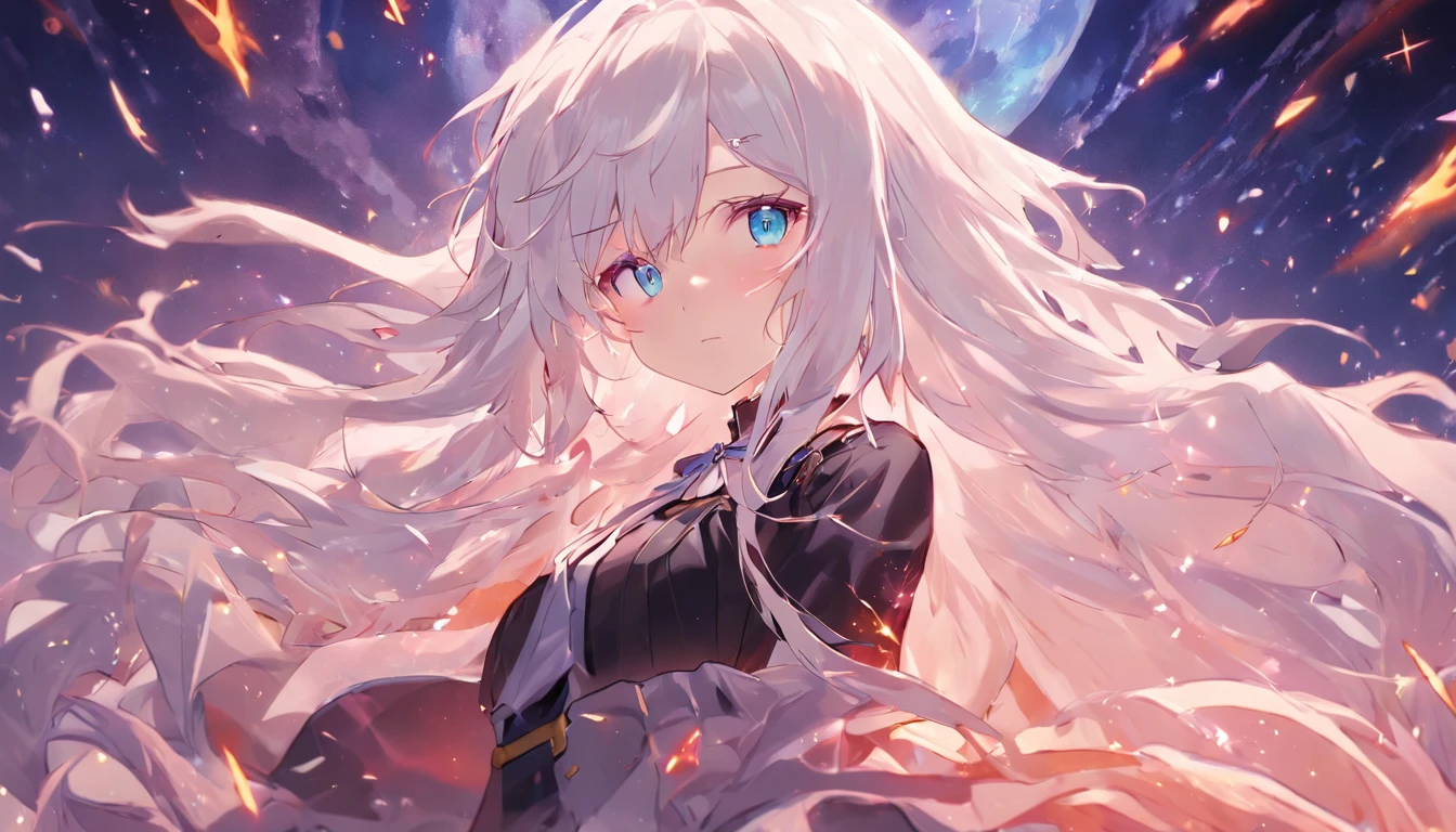 Anime girl with long white hair, white haired god, nigh sky, starrysky, Black dress, Detailed key anime art, shadowverse style, high detailed official artwork, anime key visual of elegant, official artwork, Official art, girls frontline universe, from the azur lane videogame, Fate Grand Order, anime visual of a young woman, Ayaka Genshin Impact