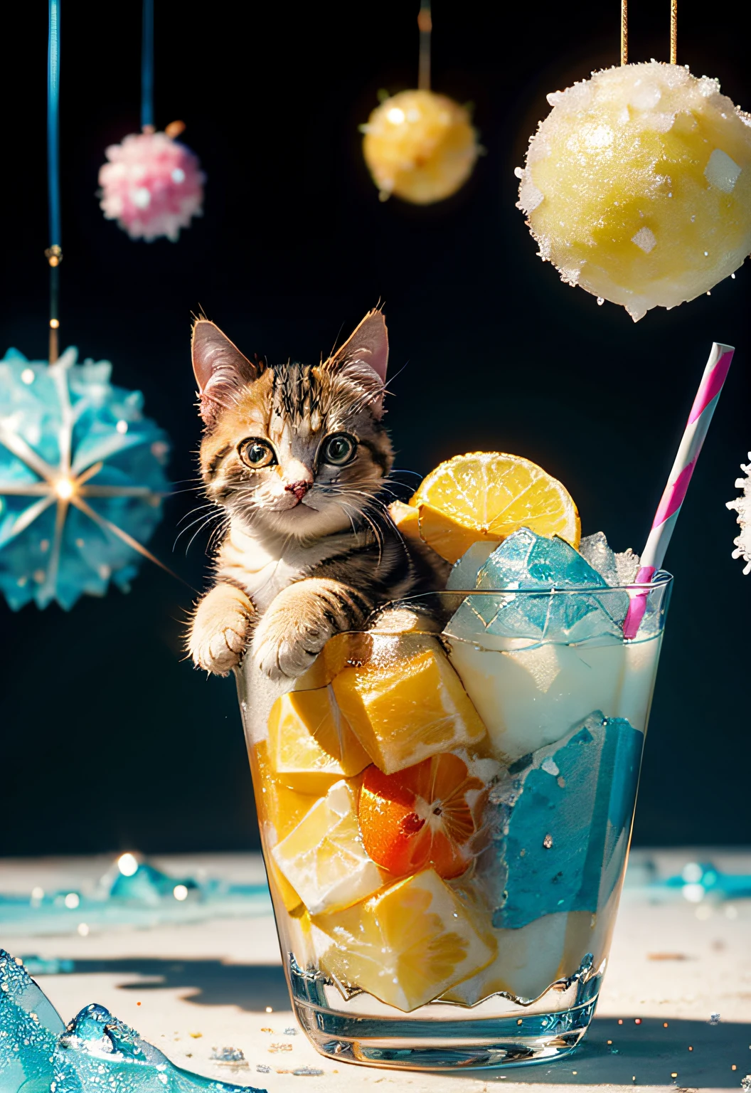 ​masterpiece、top-quality、top-quality、Colorful cute kitten design with illustration、Eat shaved ice、ighly detailed、colourfull、highestdetailed、Wide range of shots、gorgeous colors、grains of sugar、kirakira、Colorful colors of bright ice、Image-like backgrounds、Fun bright atmosphere、Colorful fruits flying around shaved ice
