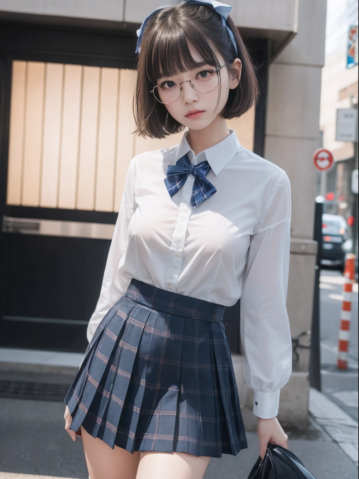 (8K、Raw photography、top-quality、masterpiece:1.2),absurderes,a small face,small tits,flat breast,Parting the bangs from the middle、Forehead visible,(Tight eyes,Bullish,skinny,Rasping,irate)、masterpiece,top-quality、超A high resolution,Raw photo,ren,Beautiful fece,One Person, 独奏,eye glass,,Dark look,Small breasts,fullllbody,Round glasses、cute little、A Japanese Lady,is standing,(Tight eyes,Bullish,skinny,Rasping,irate,small tits,flat breast)、(Photorealsitic:1.37)、Photon mapping,Light blue ribbon,Realistic、Cute little face,Brown-eyed、Black socks、(Red bow tie)、Radio City、Physically Based Rendering、Foreground、depth of fields、Blurry background、a picture,The girls、Body, Long legs, Thin leg,Semi-bob cut,(Bangs are visible), hair, s lips, Blue_The eye, nosesoft,White shirt, Navy blue and white plaid pleated skirt, Knees are visible,Sheer clothing,, Thigh, Black cotton socks,Nogizaka Idol, 女優, Japanese ido