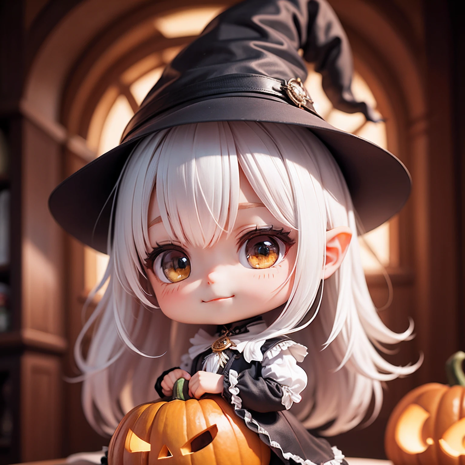 a Witch Child model 3d pixar style with hat and dark hallowen dress