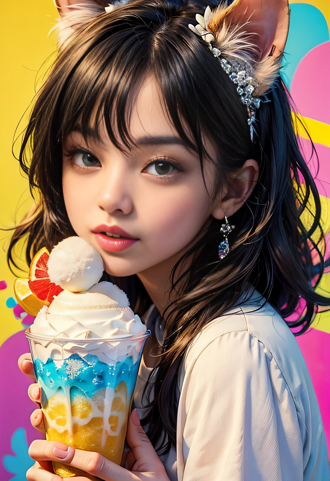 masterpiece、top-quality、top-quality、Colorful cute kitten design with illustration、Eat shaved ice、ighly detailed、colourfull、highestdetailed、Wide range of shots、gorgeous colors、grains of sugar、kirakira、Colorful colors of bright ice、Image-like backgrounds、Fun bright atmosphere、Colorful fruits flying around shaved ice