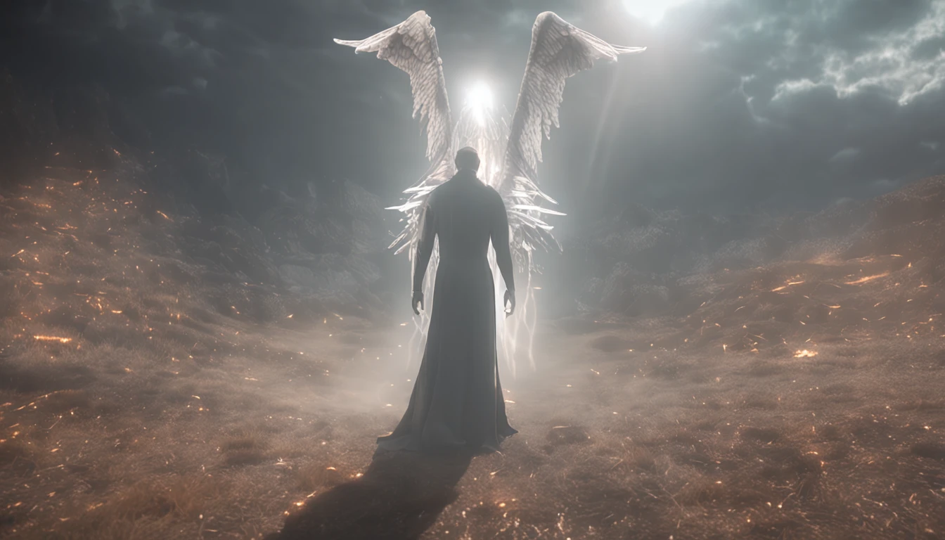Angels and demons are just in one idea，A heavenly thought，One thought of hell，Heaven and hell are fleeting。Cinematic image effects，An angel and a demon，Cinematic image effects，depth of fields，high light，Real light，Ray traching，oc rendered，Hyper-realistic，best qualtiy，8K master works