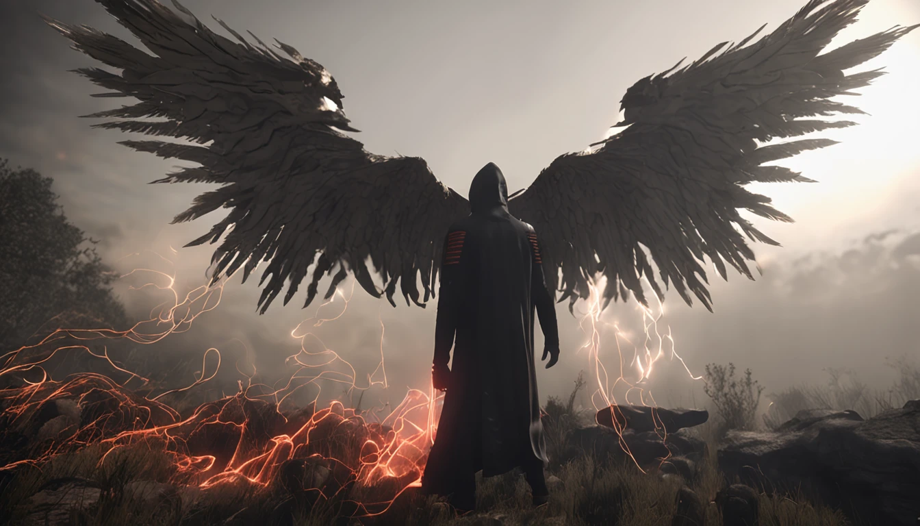 Angels and demons are just in one idea,A heavenly thought,One thought of hell,Heaven and hell are fleeting。Cinematic image effects,An angel and a demon,Cinematic image effects,depth of fields,high light,Real light,Ray traching,oc rendered,Hyper-realistic,best qualtiy,8K master works