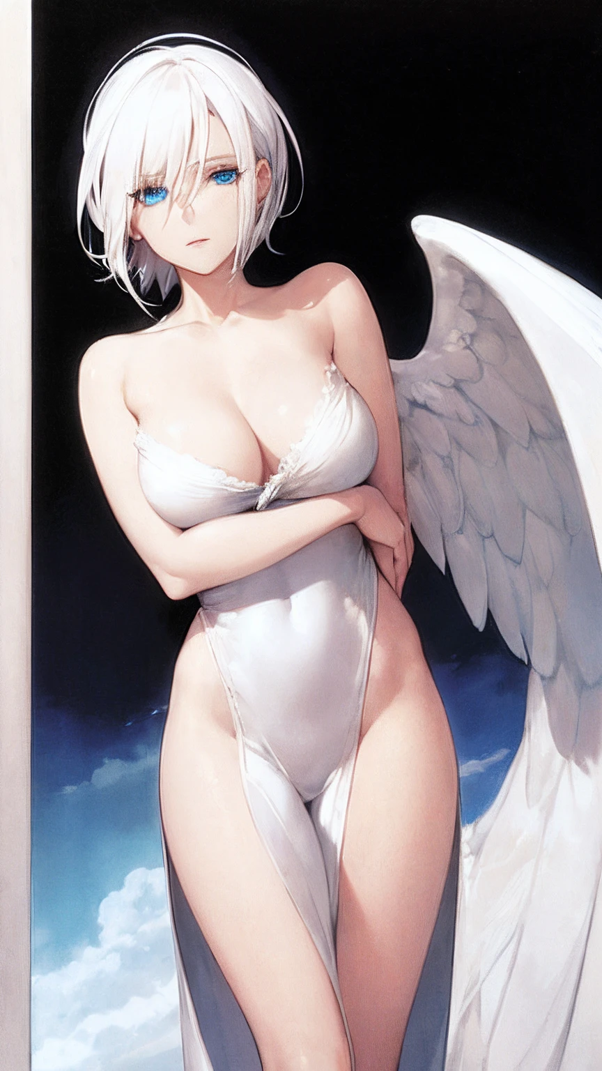 woman with white hair and blue eyes and angel wings