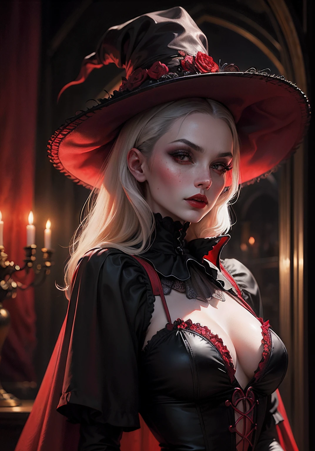A Dracula Woman, vestida de vermelho e preto com olhos vermelhos, arte por John Avon, gothic art, lo gothic, RococoStyle, darksynth, melhor qualidade
