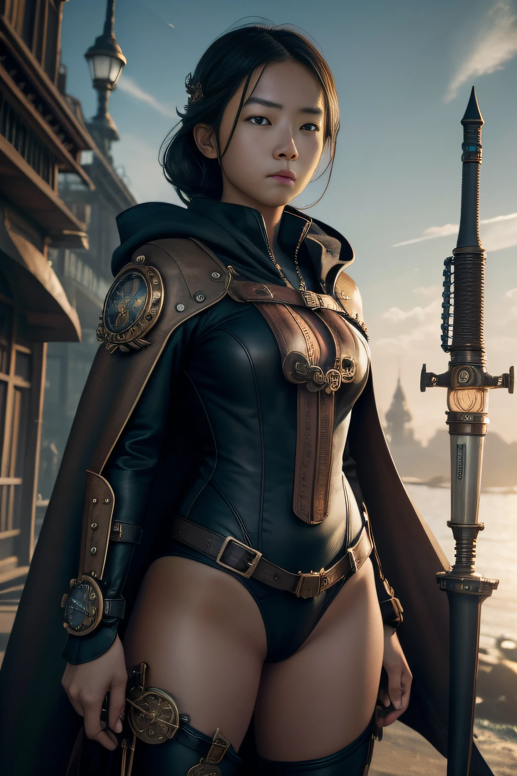 1 girl, young, 16 year old, Asian girl, full body from head to toe, realistic, realistic face, realistic eyes, worried, looks over her shoulder, side lighting, wallpaper, looks at viewer, futuristic steampunk buildings in background, long cape and hood, or edge on front of one-piece swimsuit, ground earth, outdoors, hold steampunk sword in left hand, fly in sky with steampunk jet pack, dragon logo,